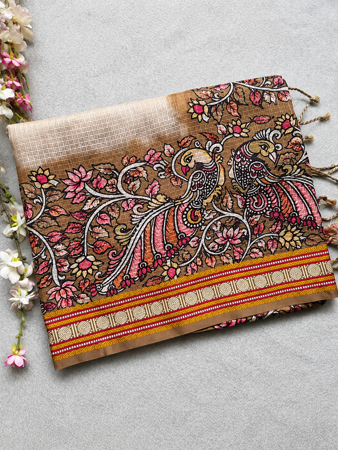 Cream Kalamkari Jute Linen Saree 109