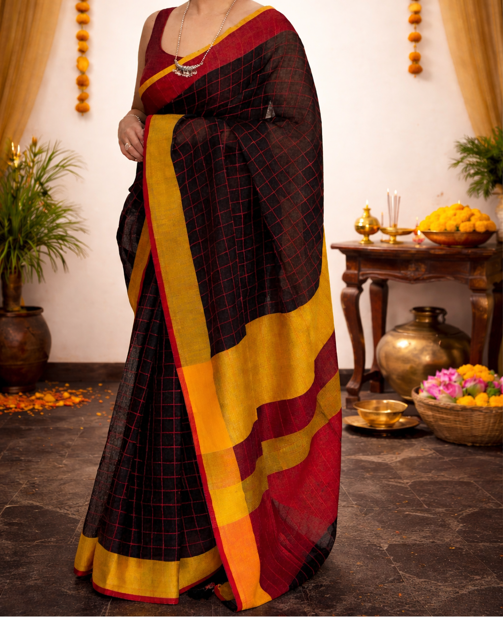 Black checks pure linen saree