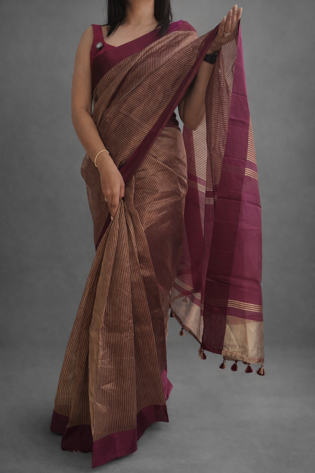 Wine  stripes Lightweight Pure Tissue Satin Border-12 Saree