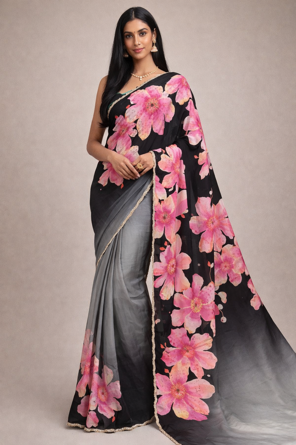 Grey digital printed crepe 101 party wear saree