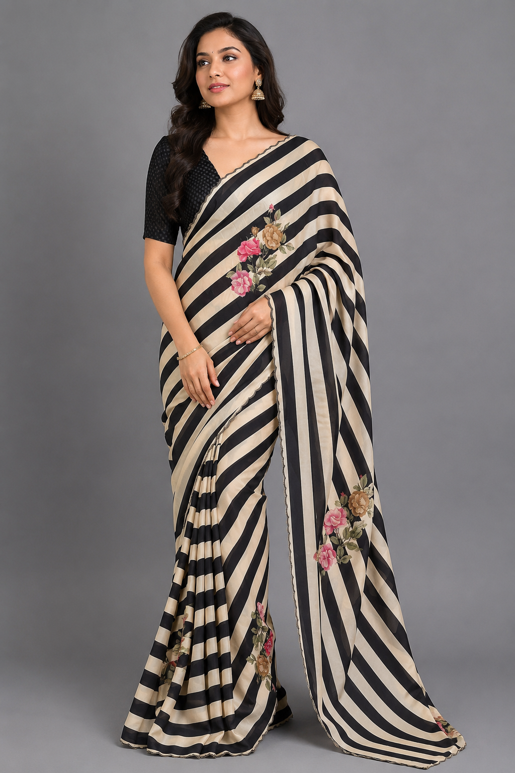 Cream n Black Digital Print Satin Party Wear Saree 107