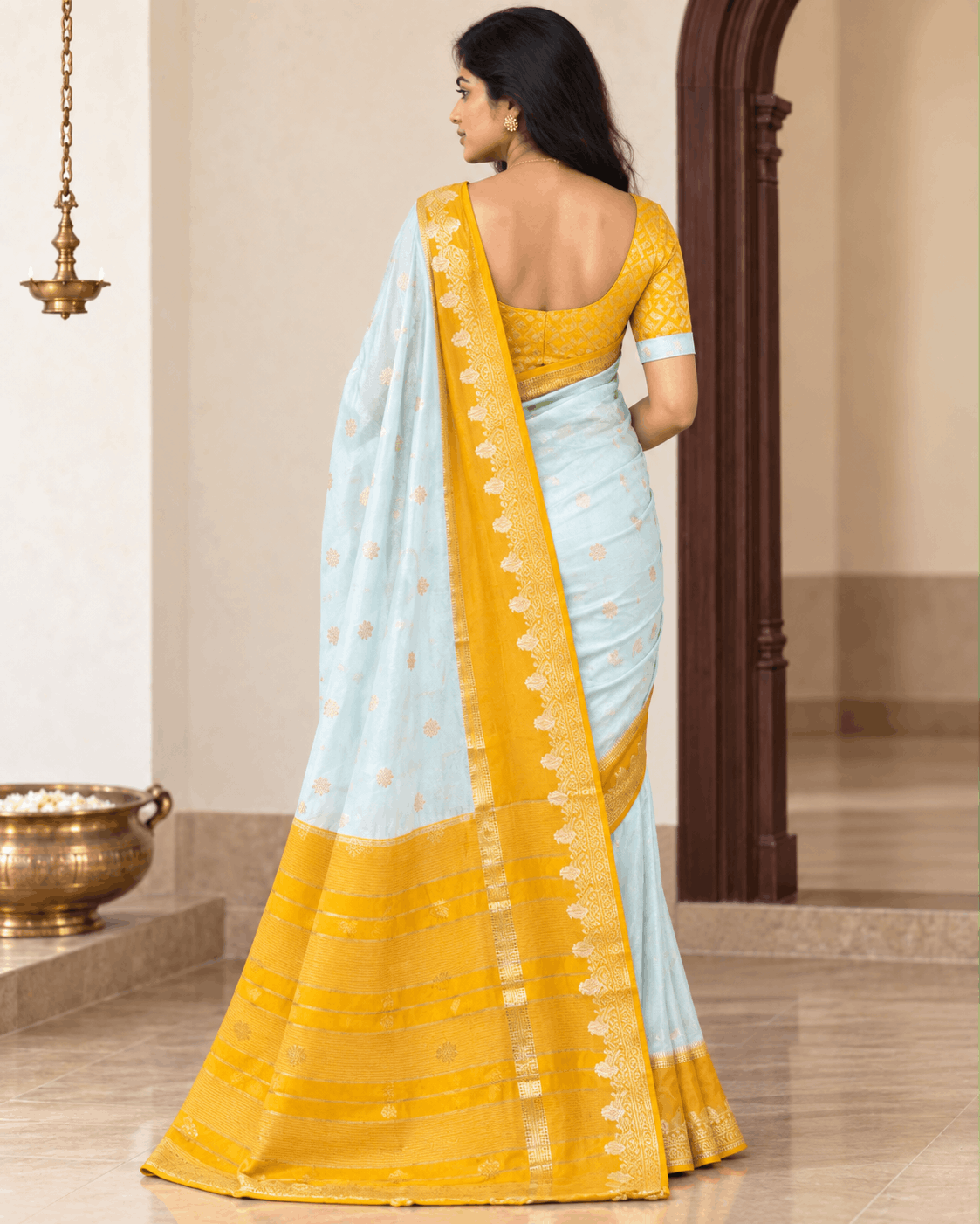 Blue Yellow Dola Crepe Saree 109