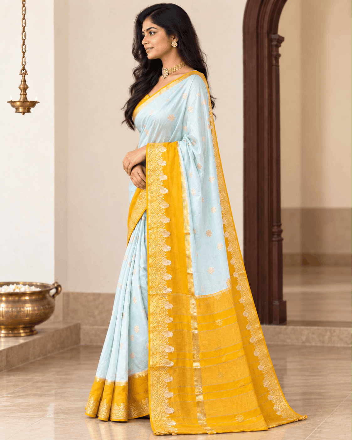 Blue Yellow Dola Crepe Saree 109