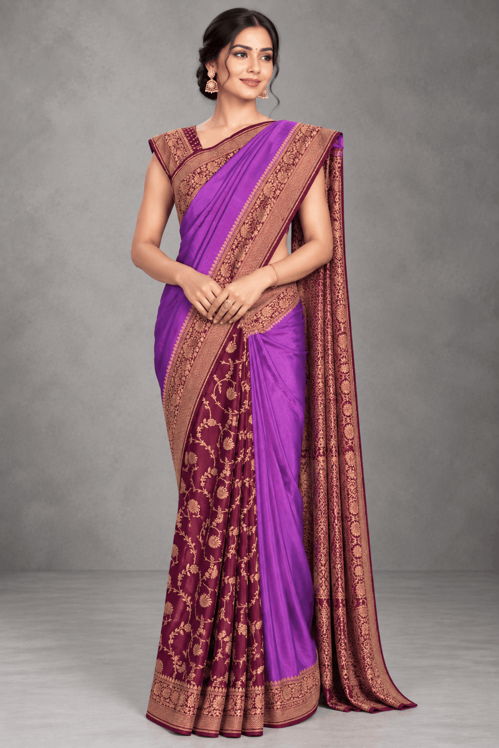 Lilac n Brown Patli Pallu Pure Benarasi Crepe Saree 110