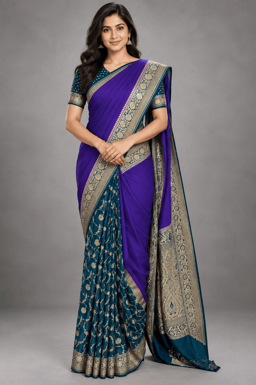 Navy Blue n Teal Patli Pallu Pure Benarasi Crepe Saree 110