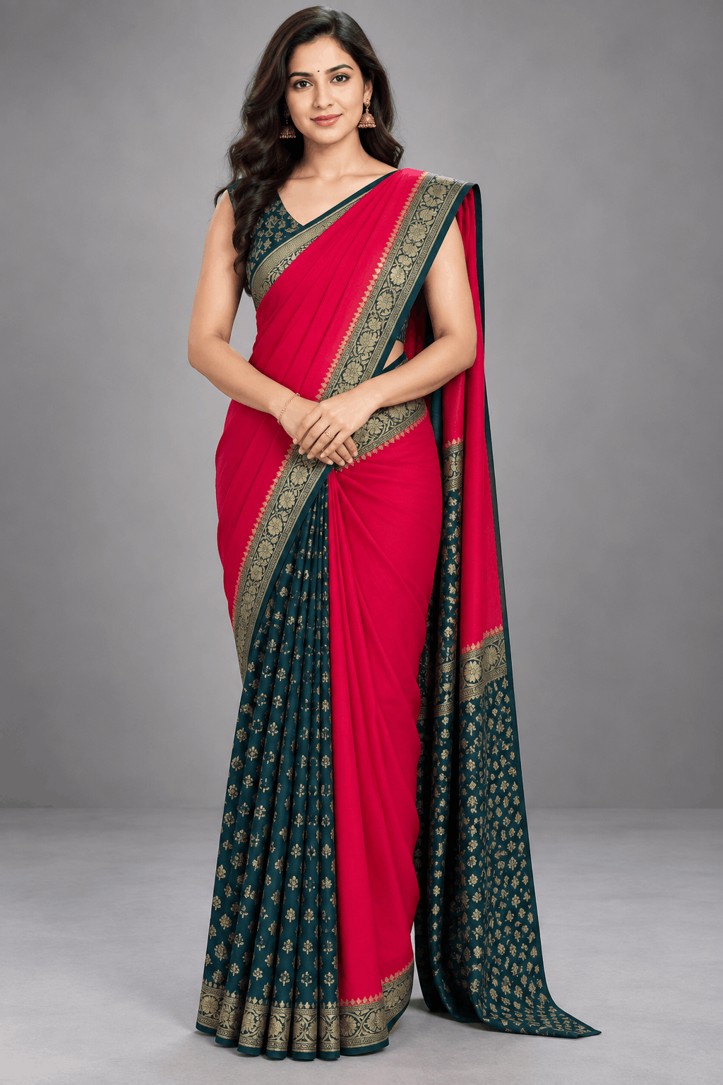 Red n Green Patli Pallu Pure Benarasi Crepe Saree 110