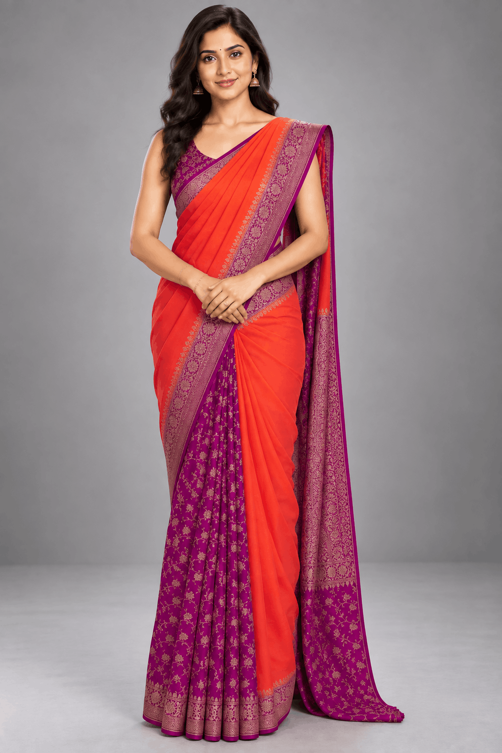 Orange n Pink Patli Pallu Pure Benarasi Crepe Saree 110