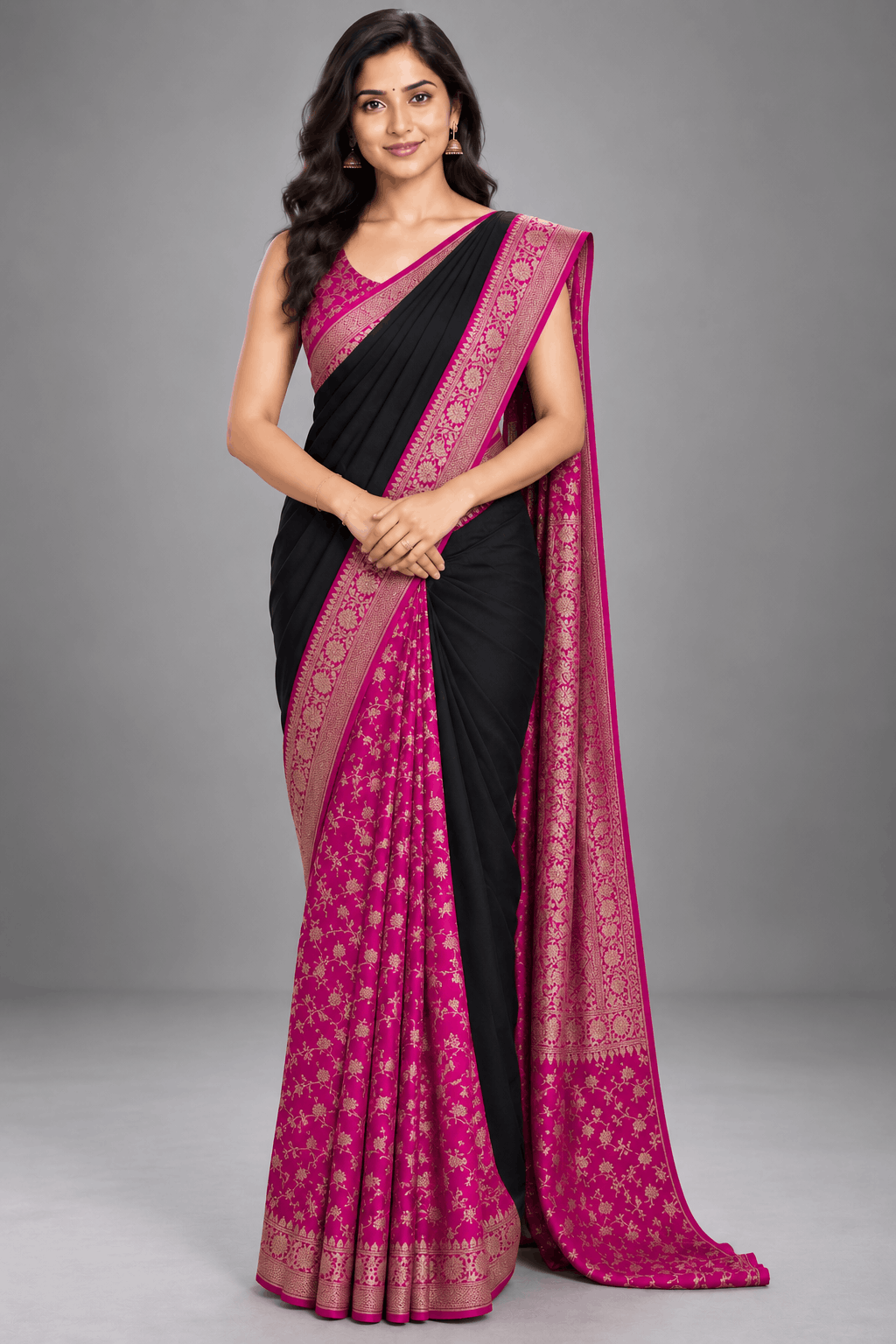 Black n Pink Patli Pallu Pure Benarasi Crepe Saree 110