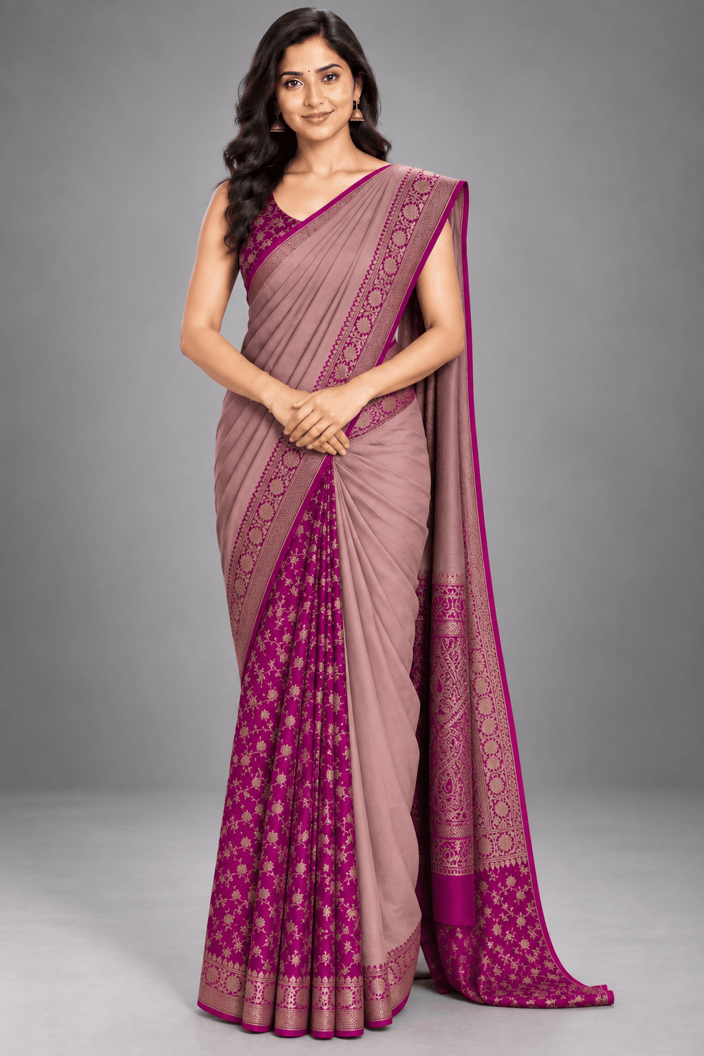 Beige n Pink Patli Pallu Pure Benarasi Crepe Saree 110