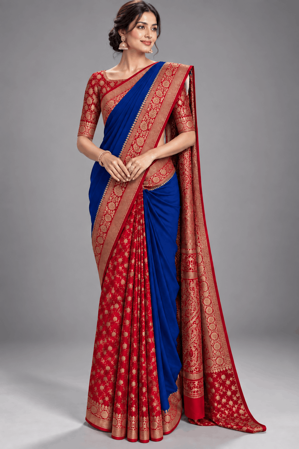 Royal Blue n Red Patli Pallu Pure Benarasi Crepe Saree 110