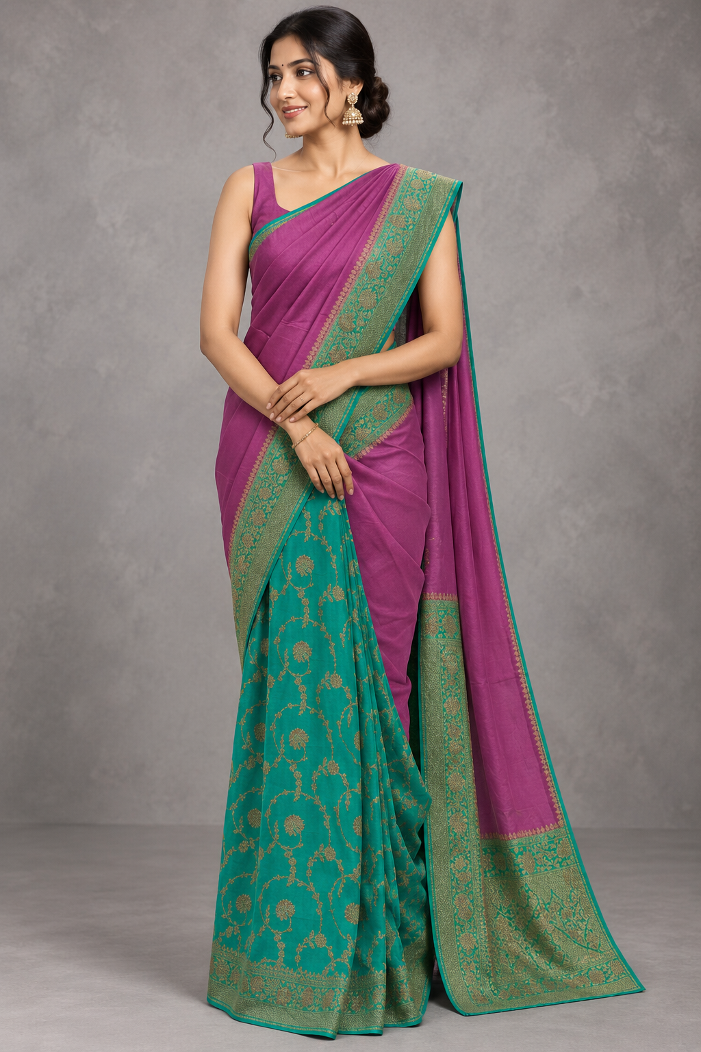 Onion Pink n Green Patli Pallu Pure Benarasi Crepe Saree 110