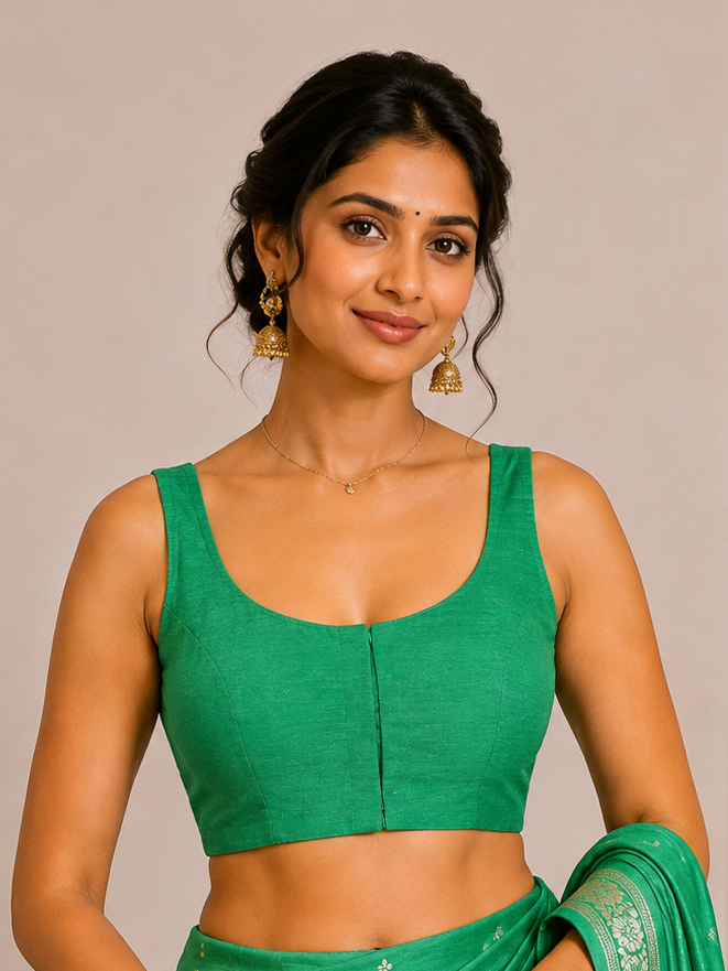 Green Raw Silk Sleeveless Blouse 109