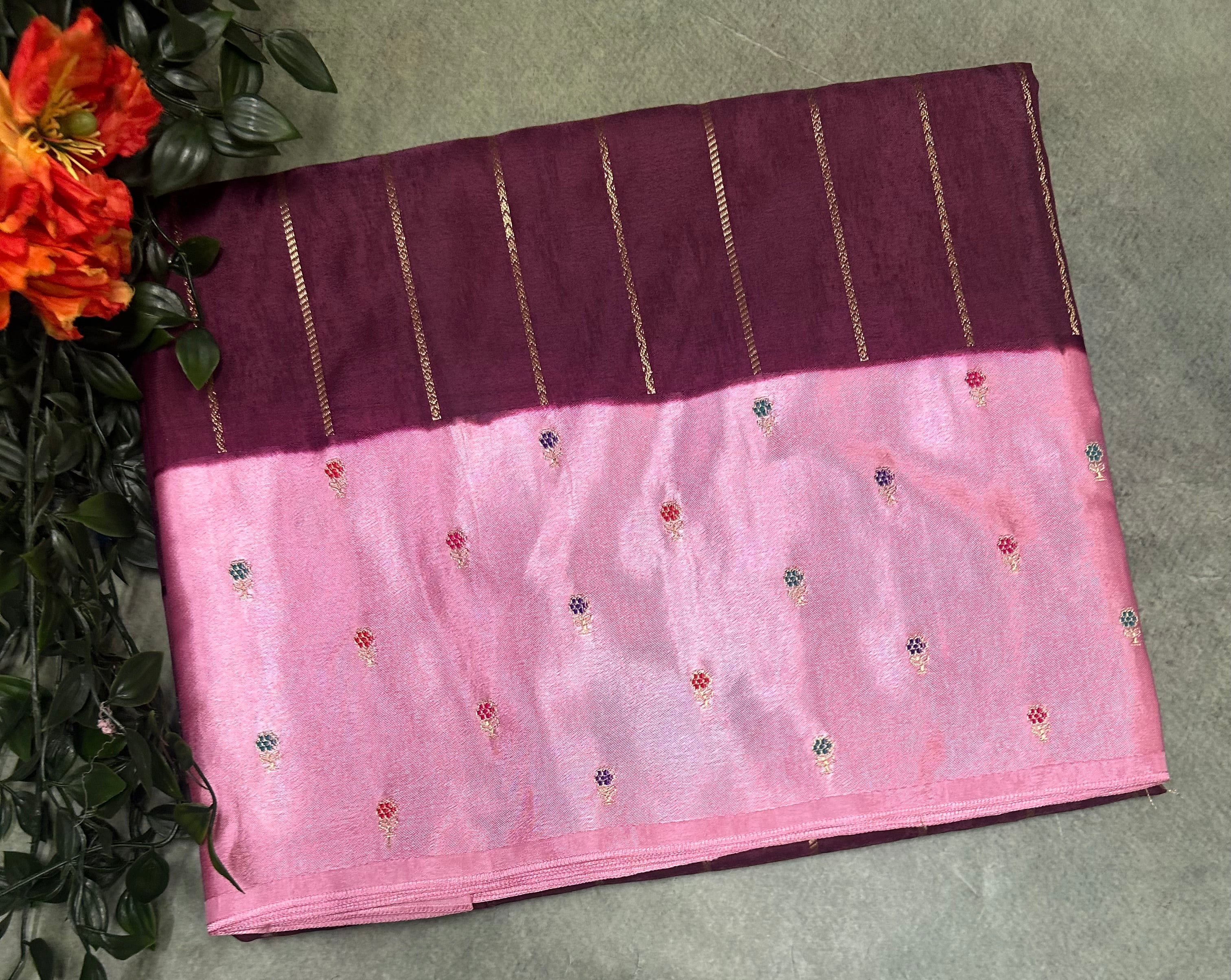 Wine contrast satin border semi Mysore crepe 105 saree