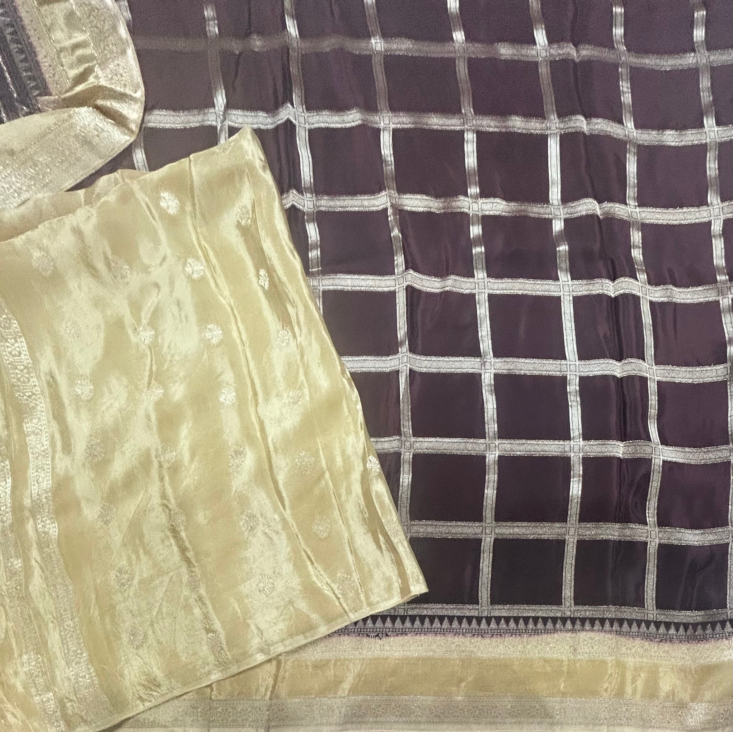 Brown checks n bentex border semi crepe 106 saree