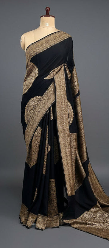 Black big Butta Banarasi pure crepe saree -101