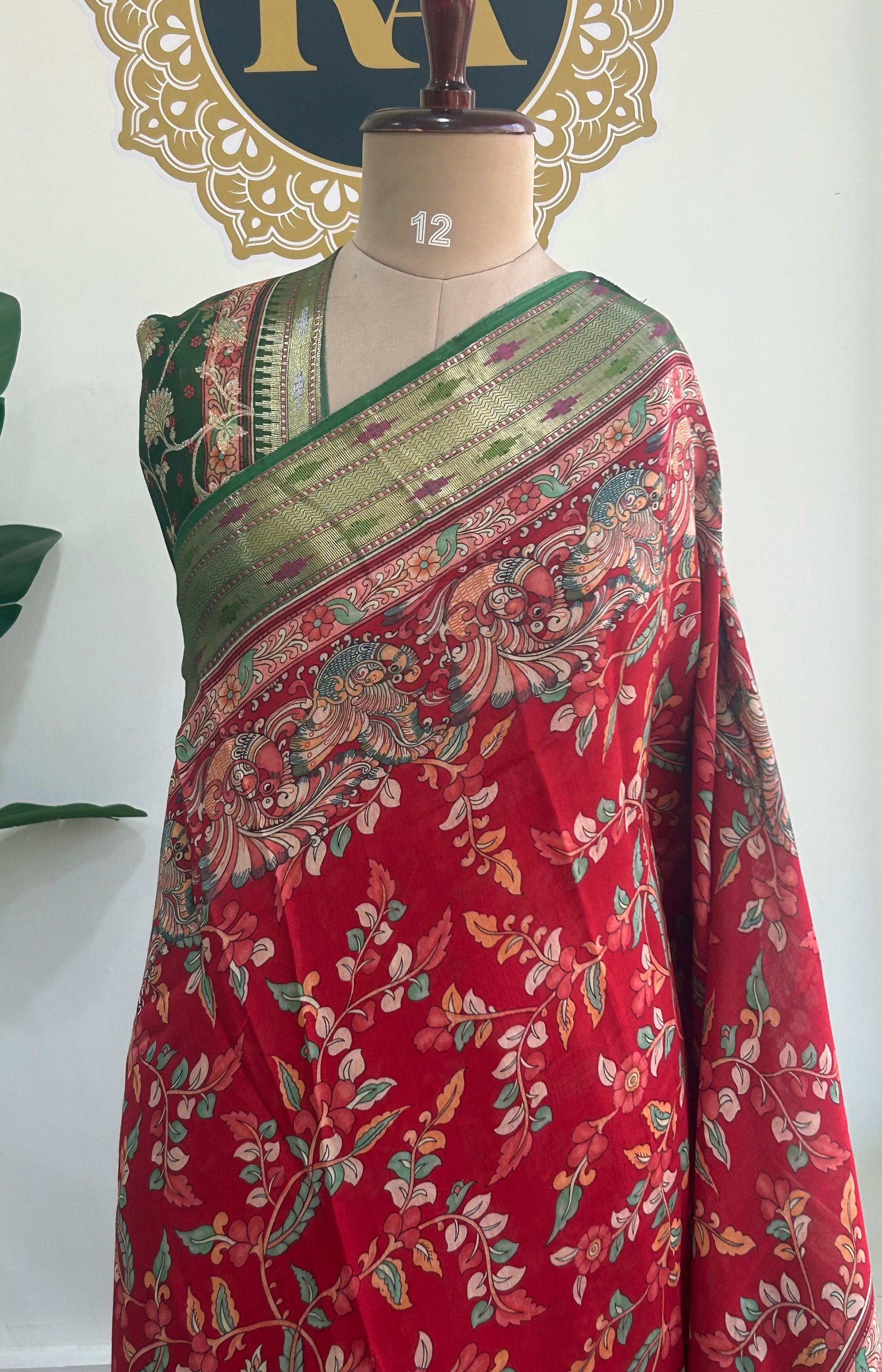 Red n green bb kalamkari Chanderi saree