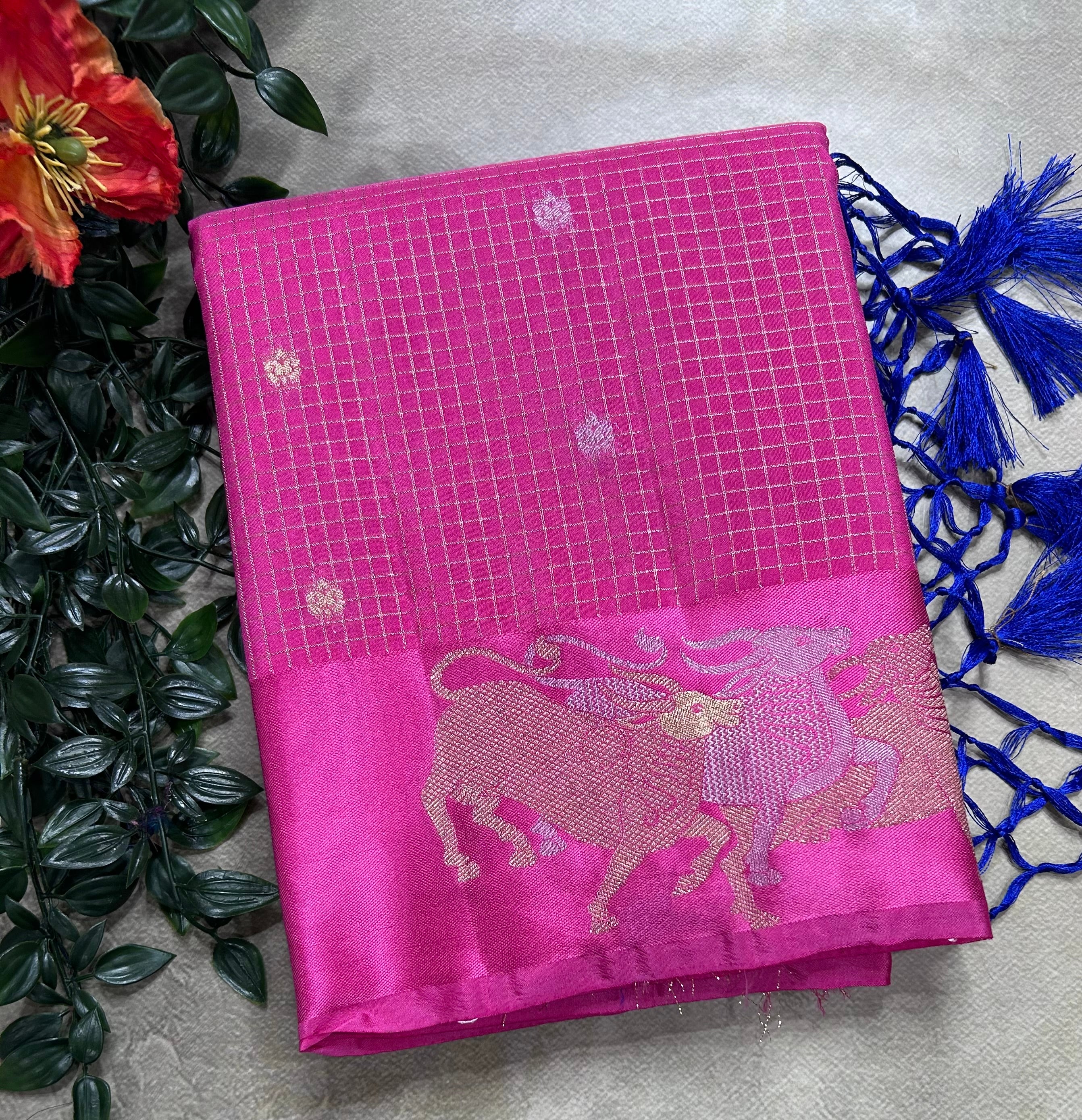 Pink small checks semi Mysore crepe 106 saree