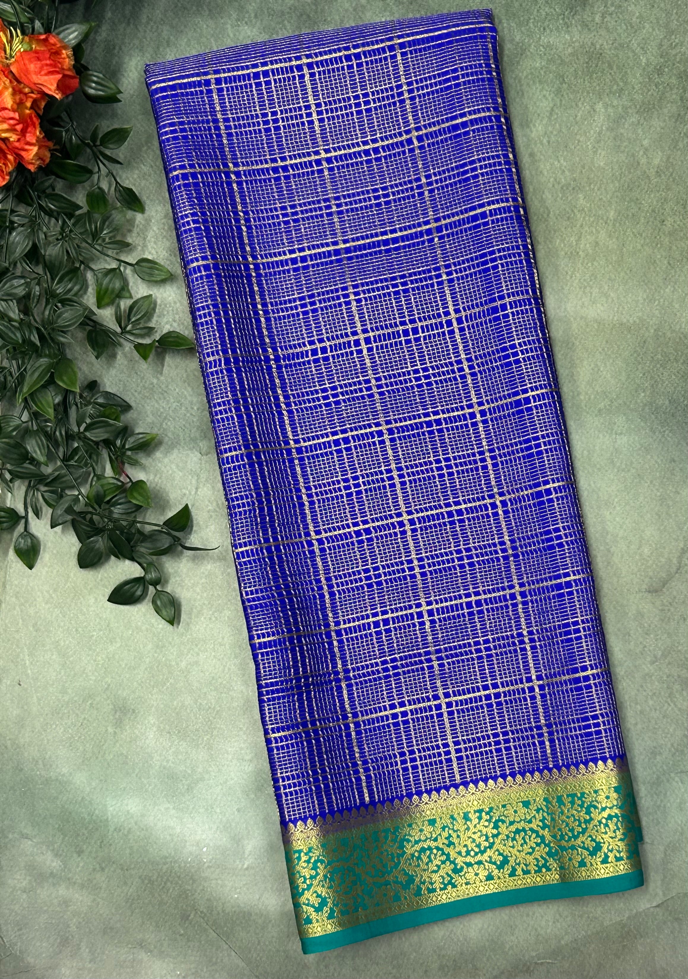 Royal blue n Rama green checks brocade Pure Mysore silk crepe 103 Saree