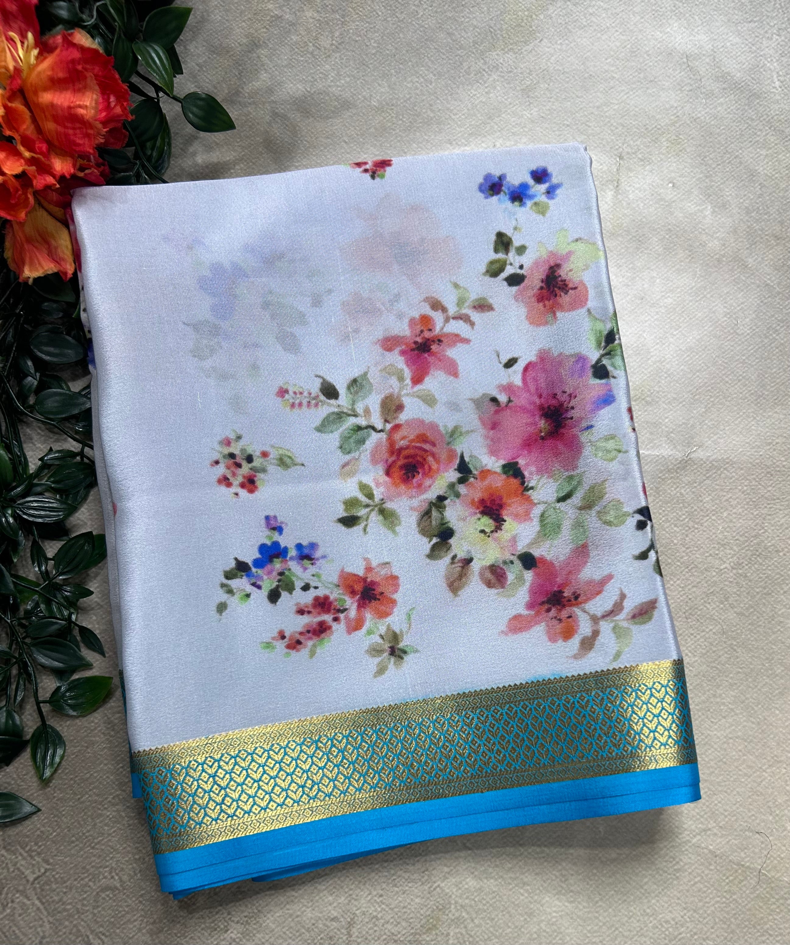 Grey digital print pure mysore silk saree(DMS106)