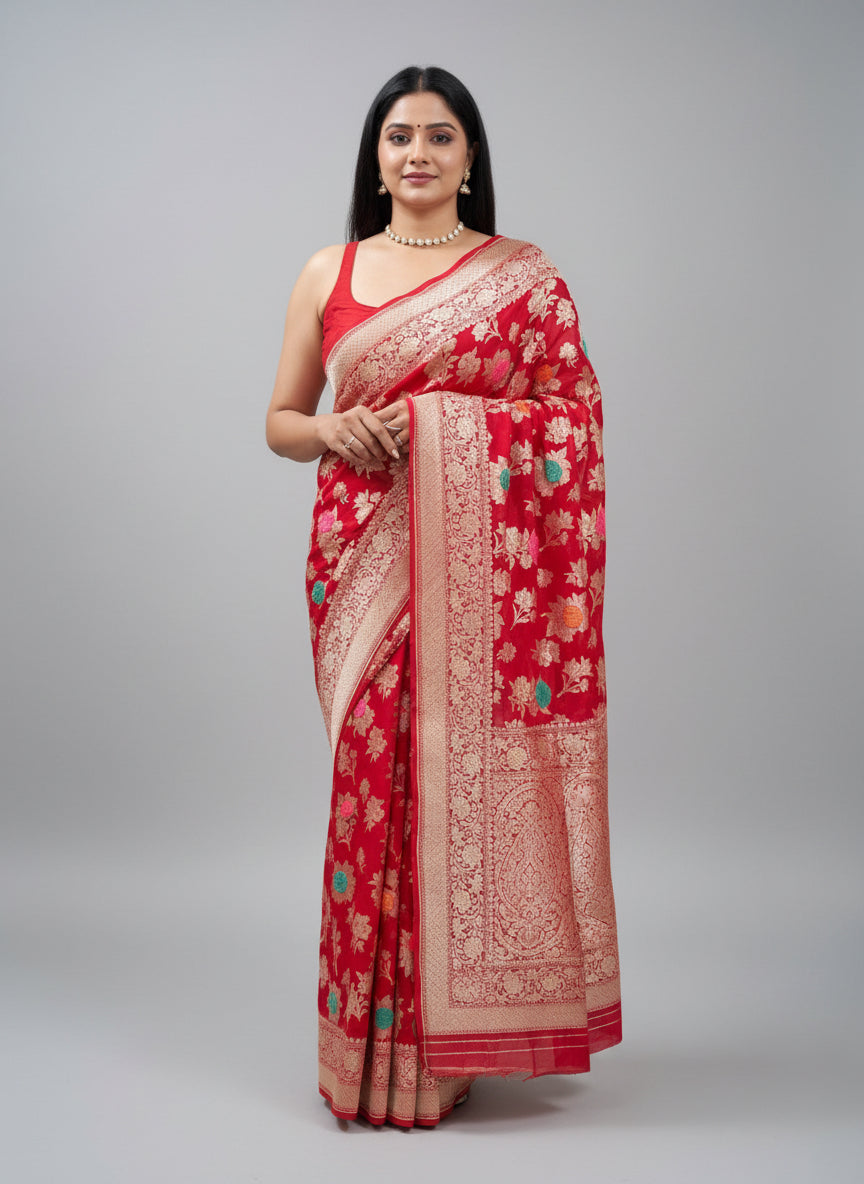 Red velvet embossed pure georgette-12 saree