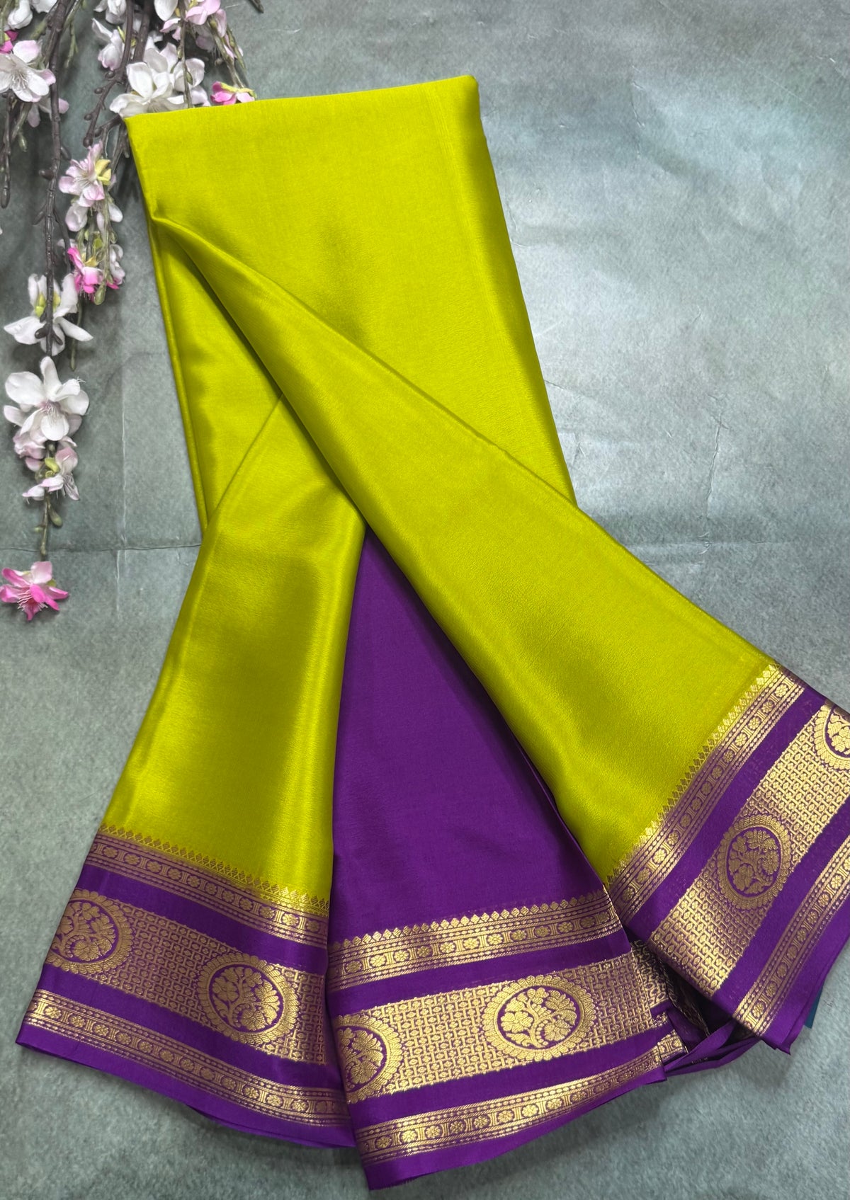 Neon green long border pure Mysore silk saree