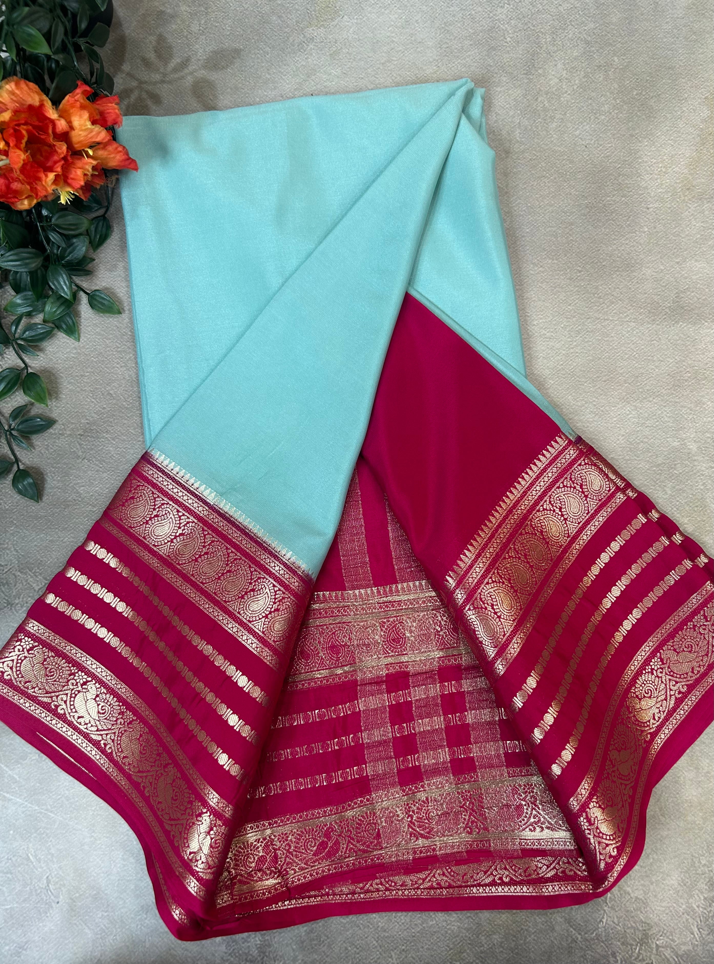 Pastel blue stripes border semi Mysore 104 saree