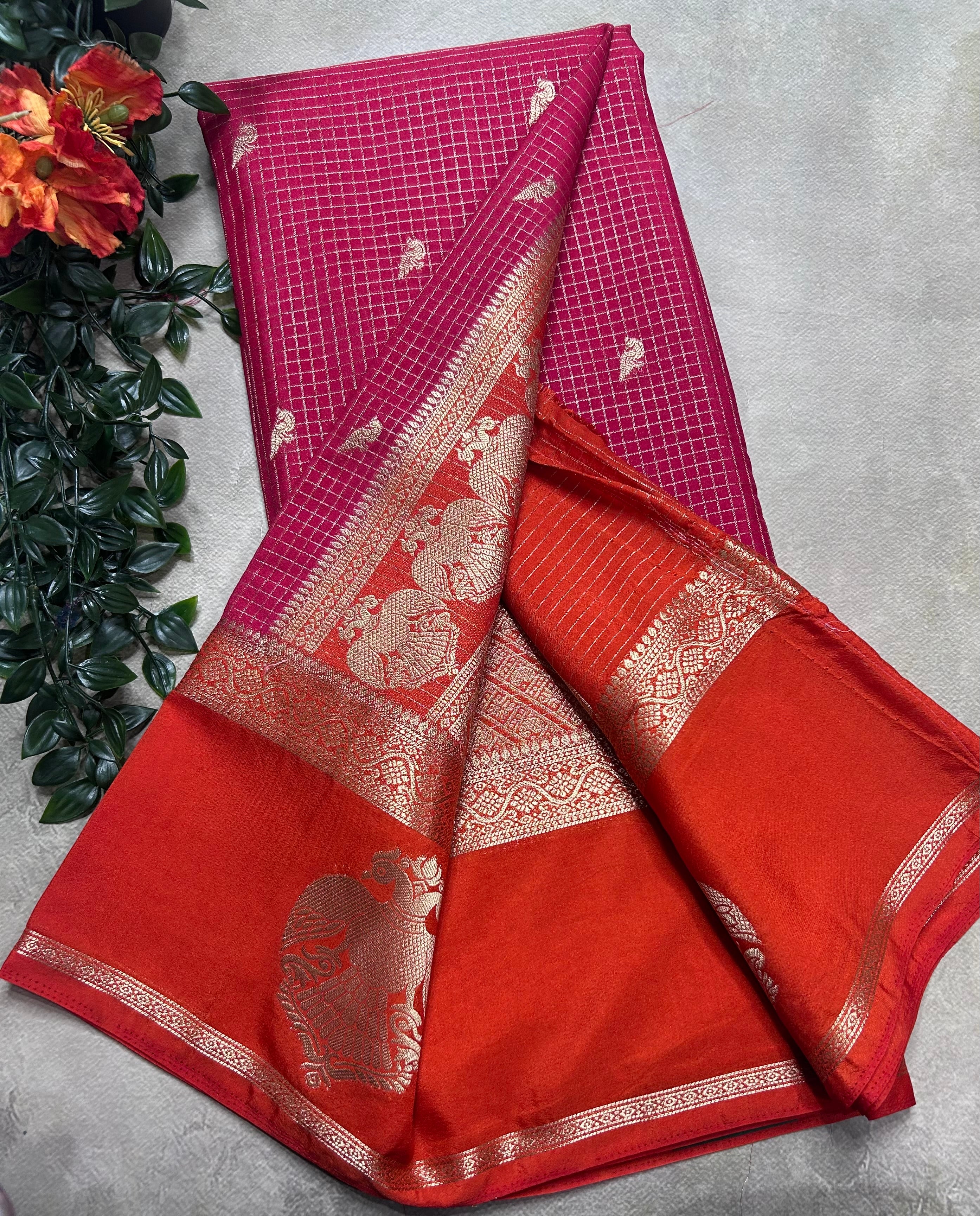 Pink gandaberunda border semi Mysore crepe 106 saree