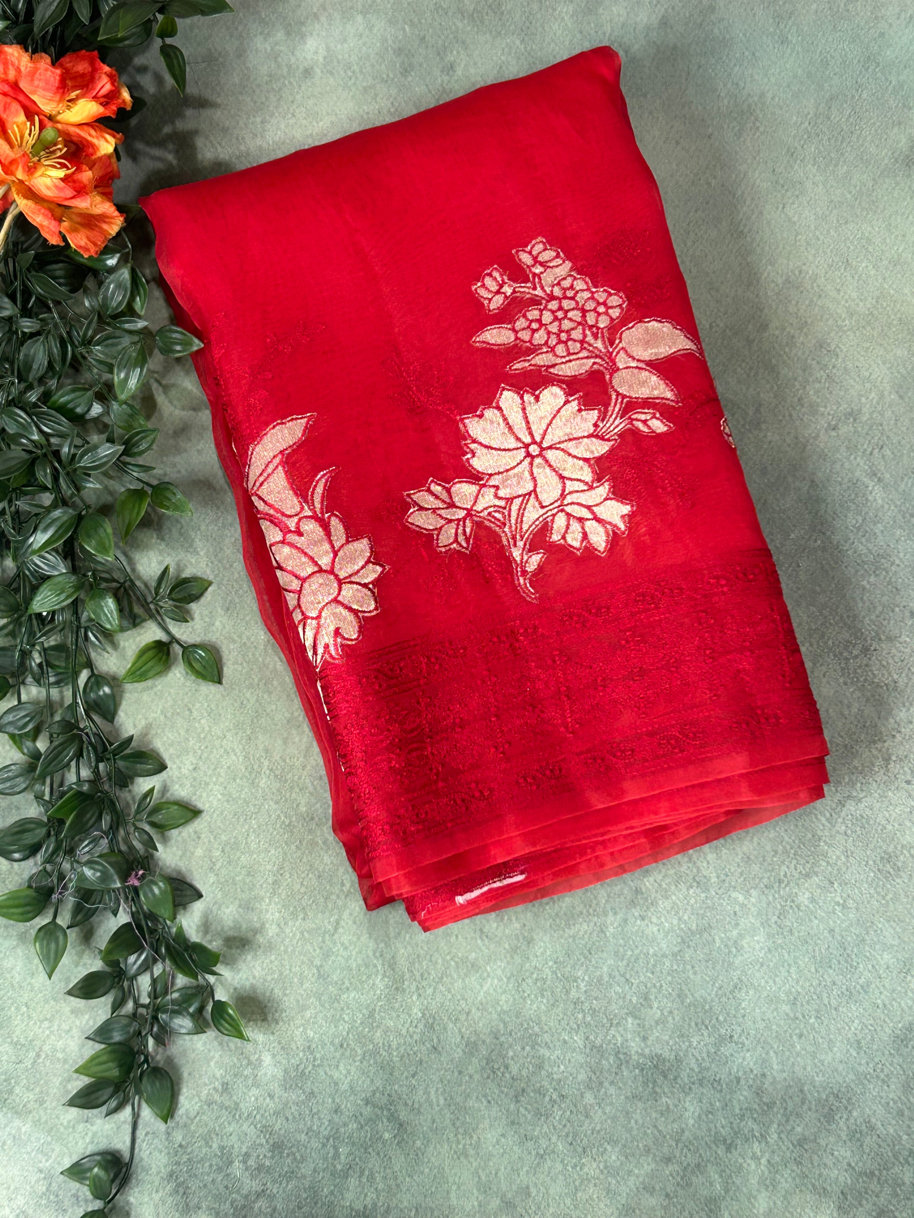 Red pure organza 101 embroidery saree