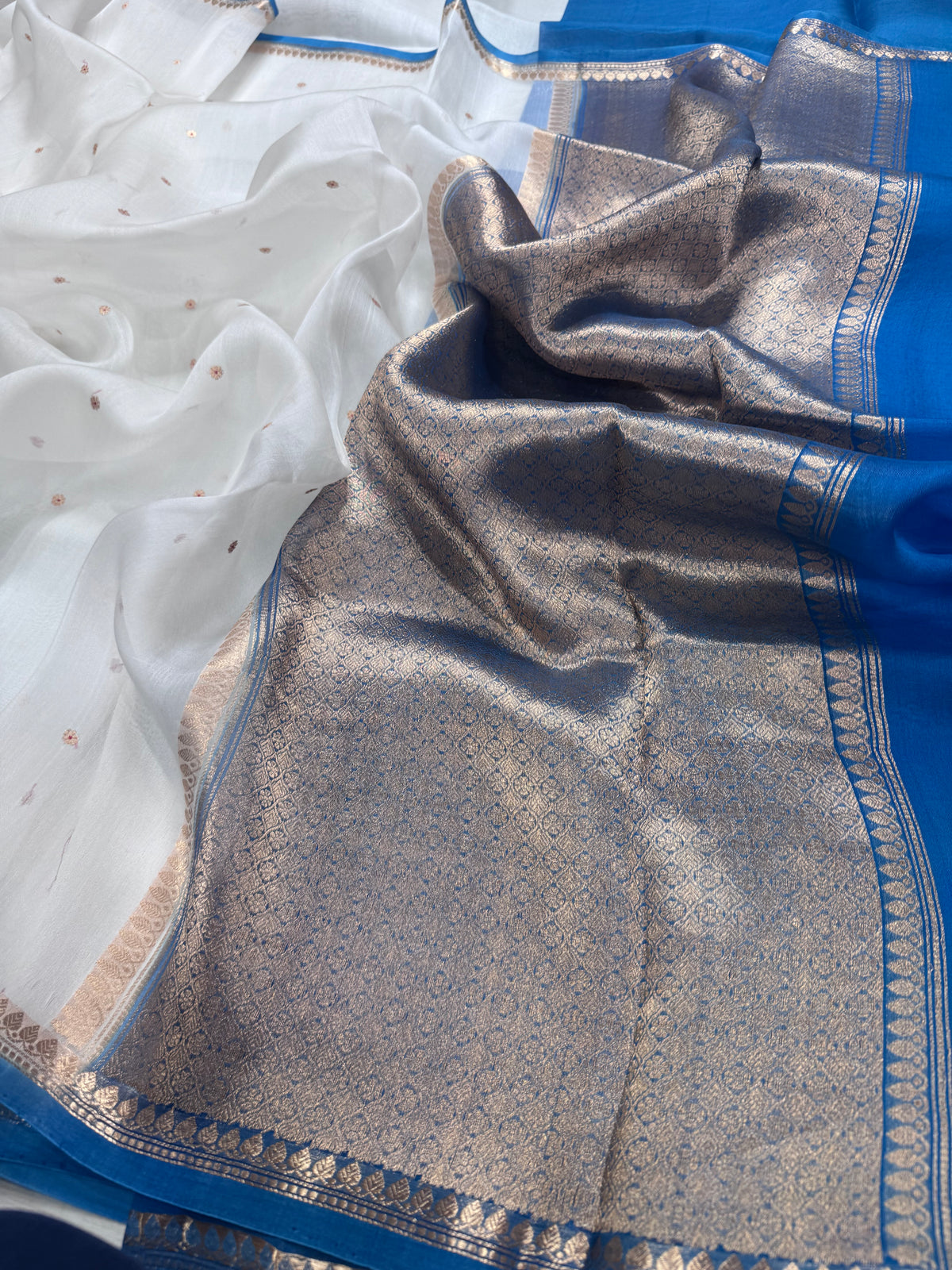 White n blue pure Kora Organza Saree 111