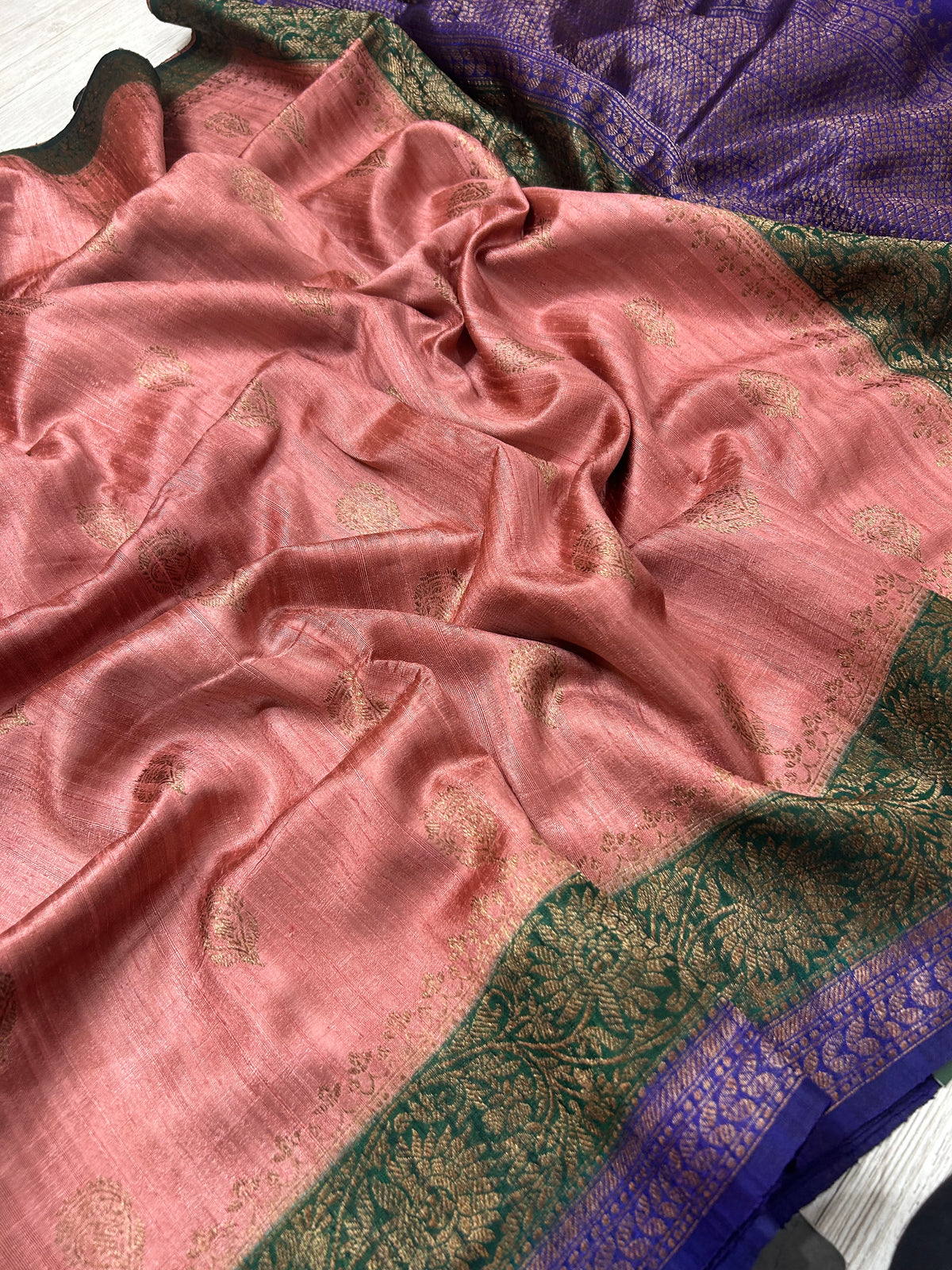 Peach small butta pure tussar crepe 104 silk saree