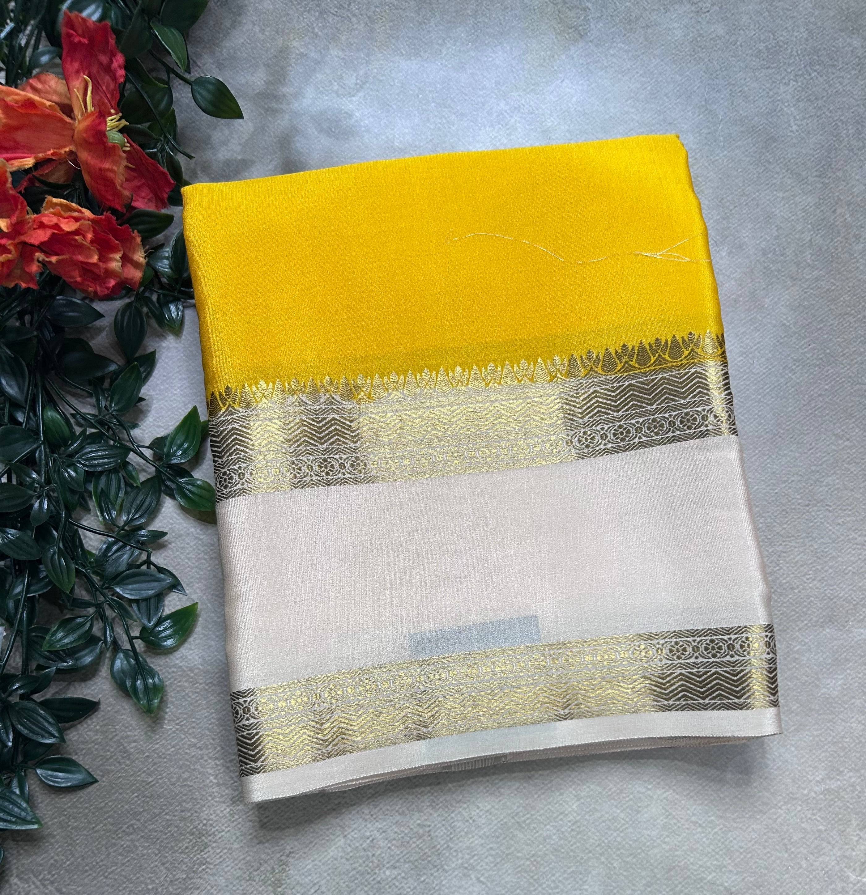 Yellow bentex border pure mysore silk saree(YMS106)