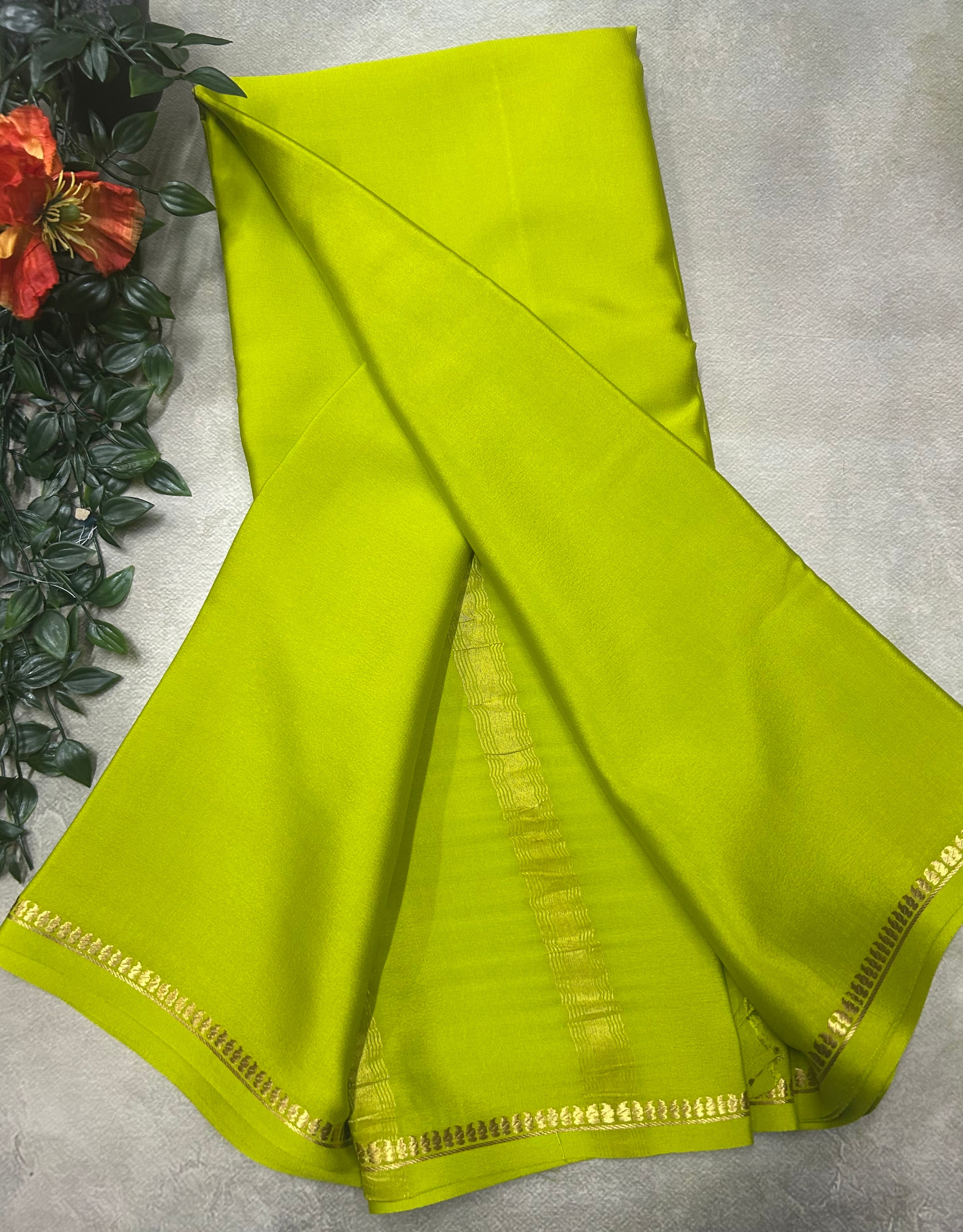 Neon green small border pure Mysore silk 105 saree