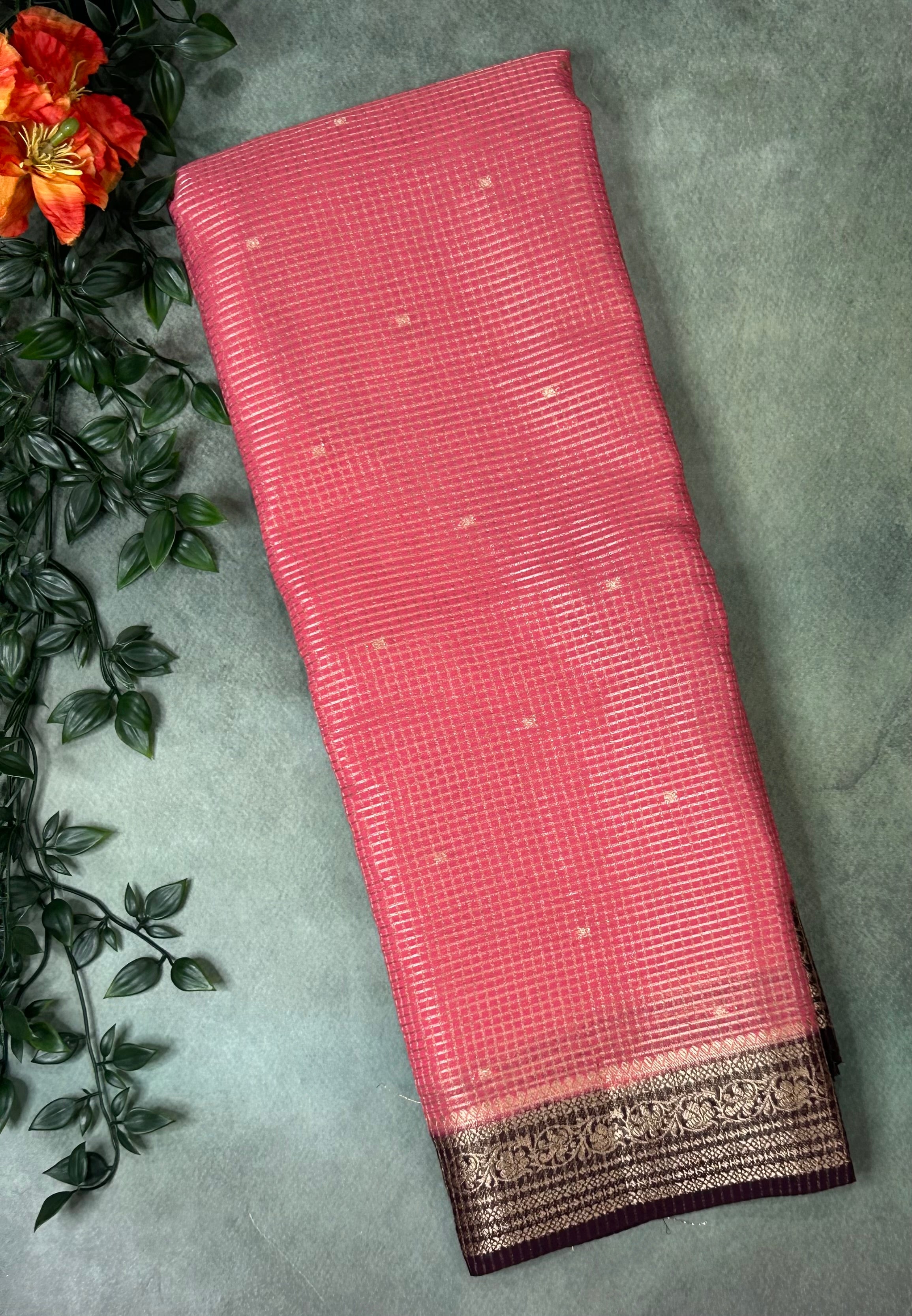 Light pink small checks semi mysore crepe-12 saree