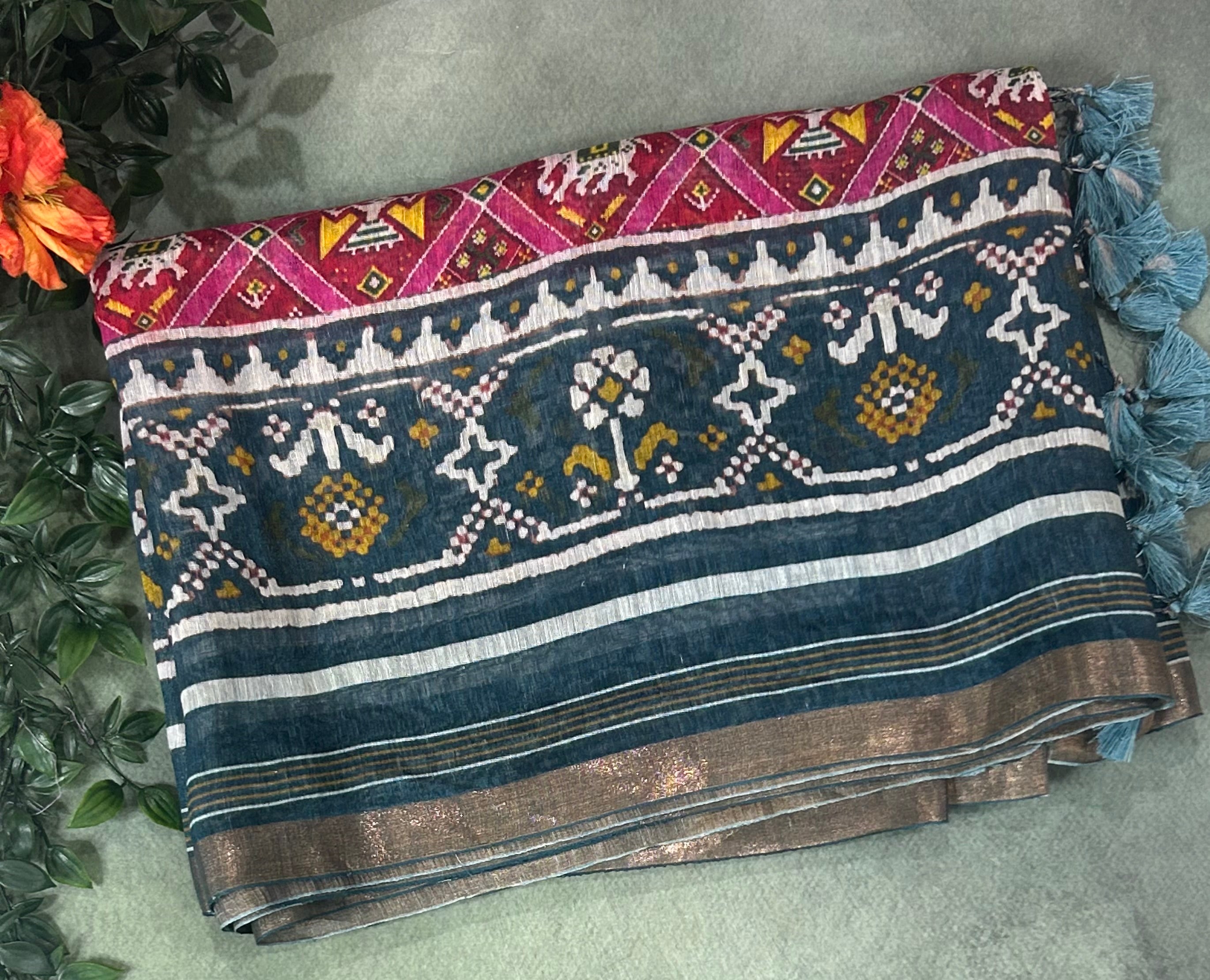 Bandhani print pure linen saree