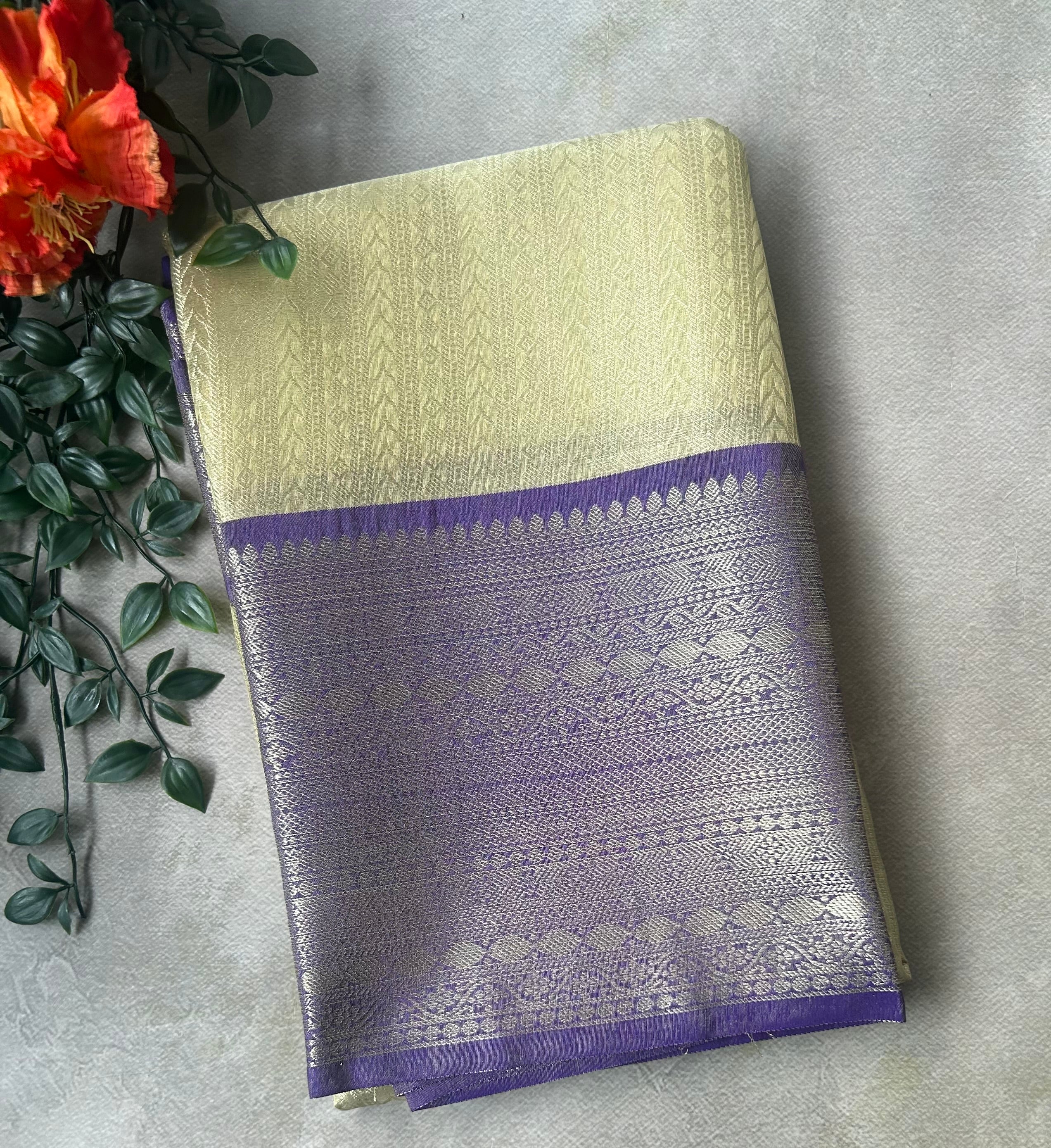 Golden cream  contrast border semi tissue saree
