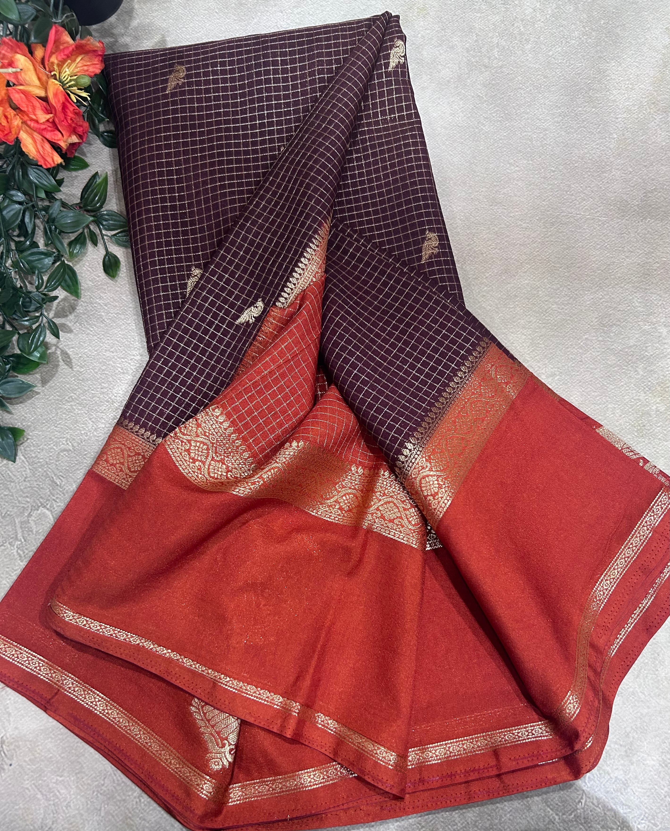 Brown gandaberunda border semi Mysore crepe 106 saree