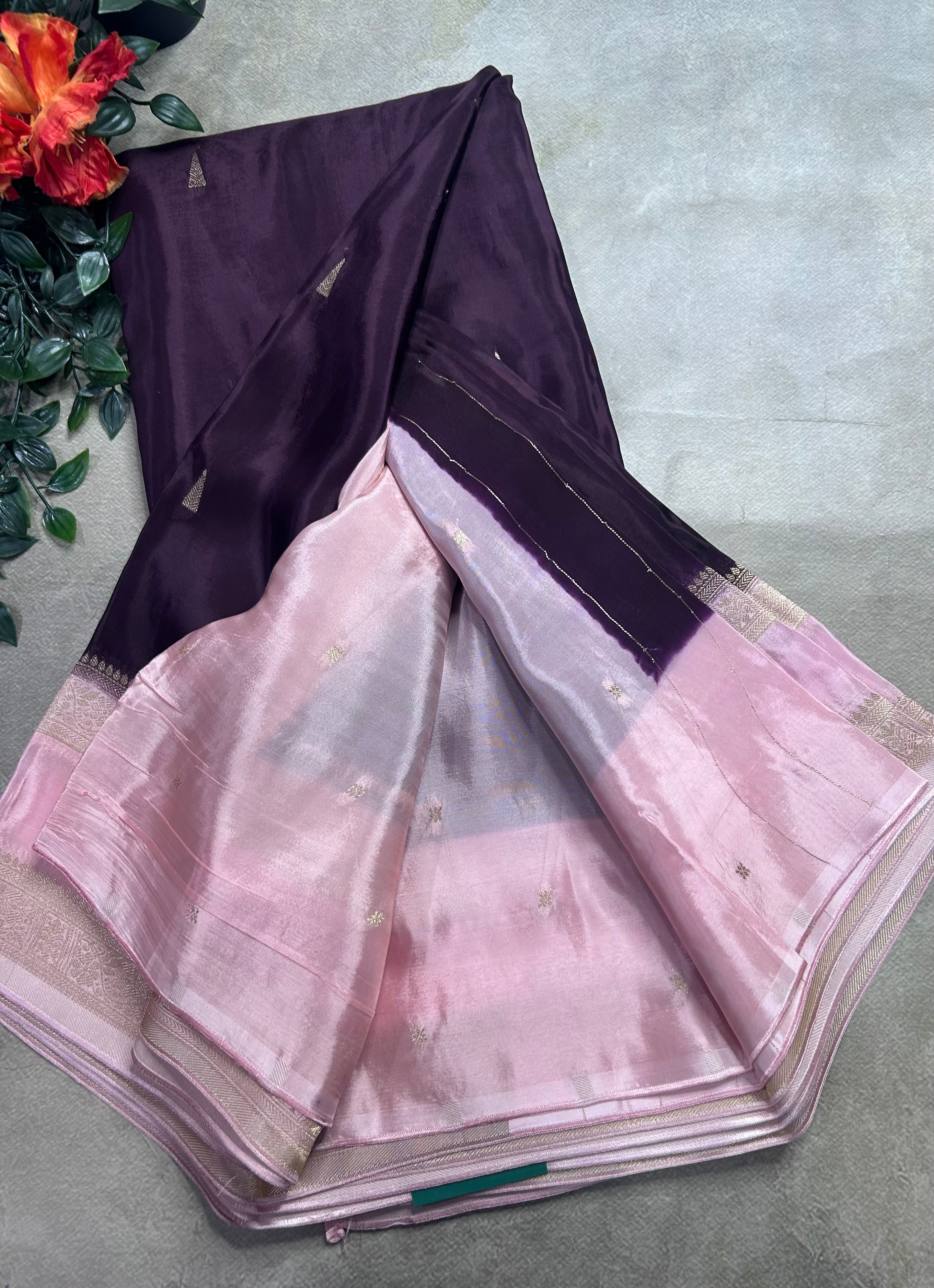 Brown contrast bentex border semi Mysore crepe 106 saree