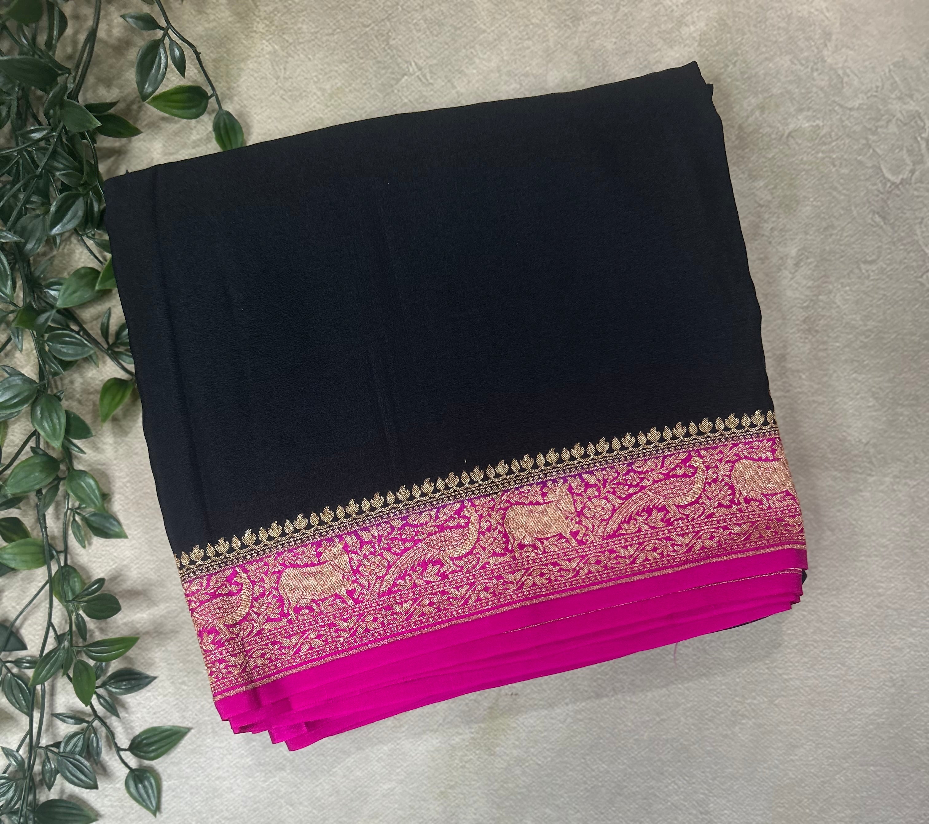 Black n pink pure banarasi crepe 102 silk saree