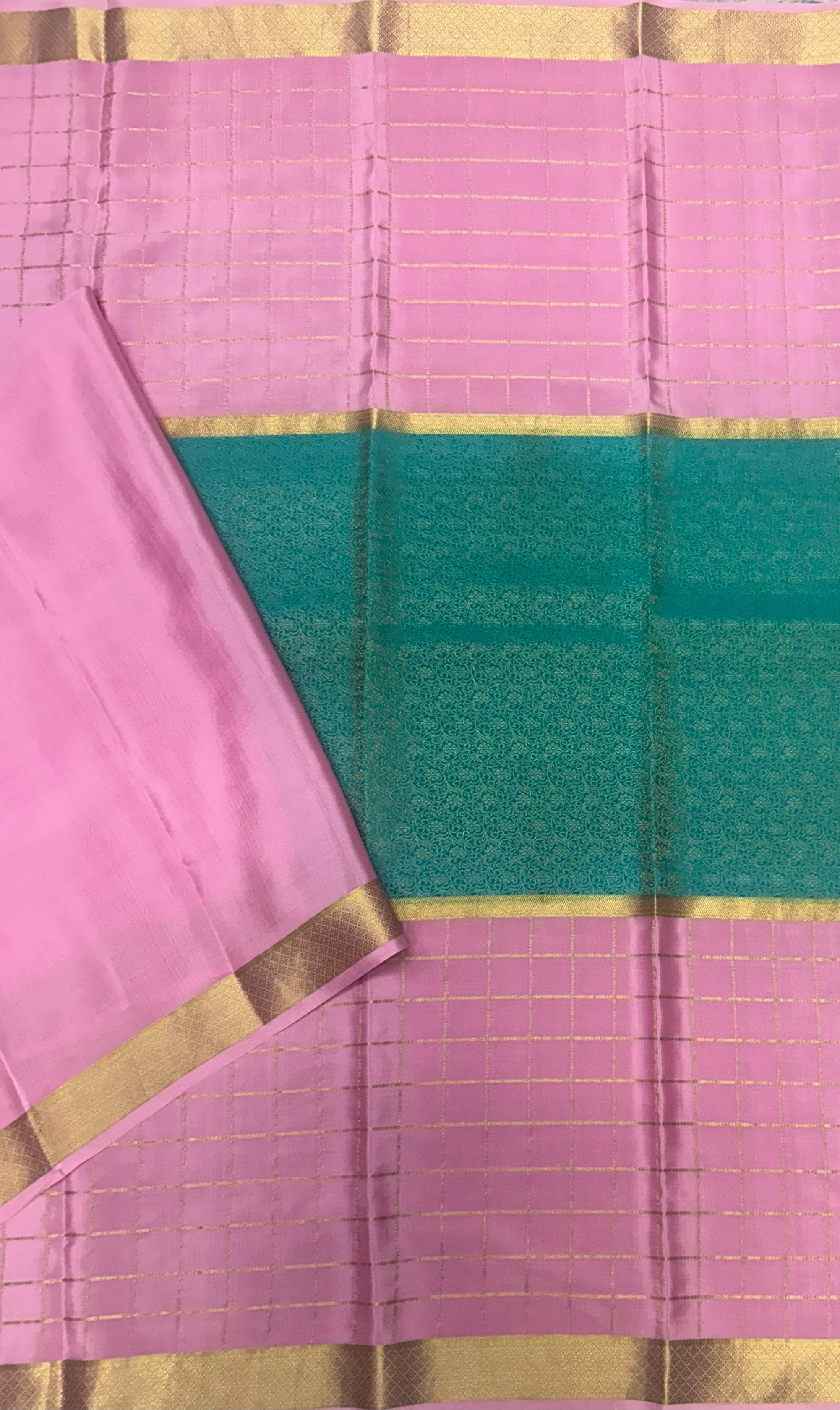 Pastel pink n Rama green pure Mysore crepe silk 103 saree