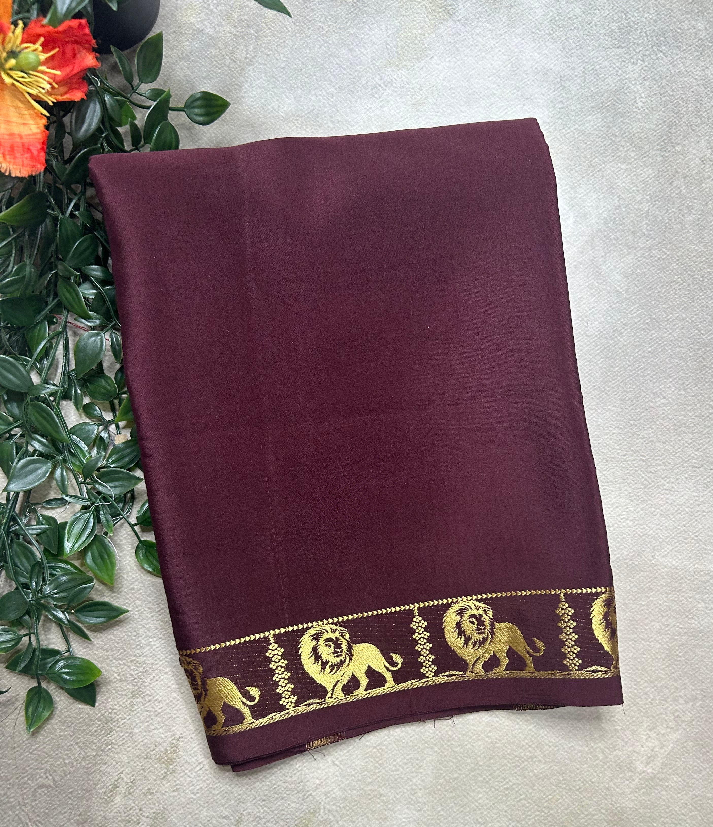 Brown lion border pure Mysore silk 105 saree