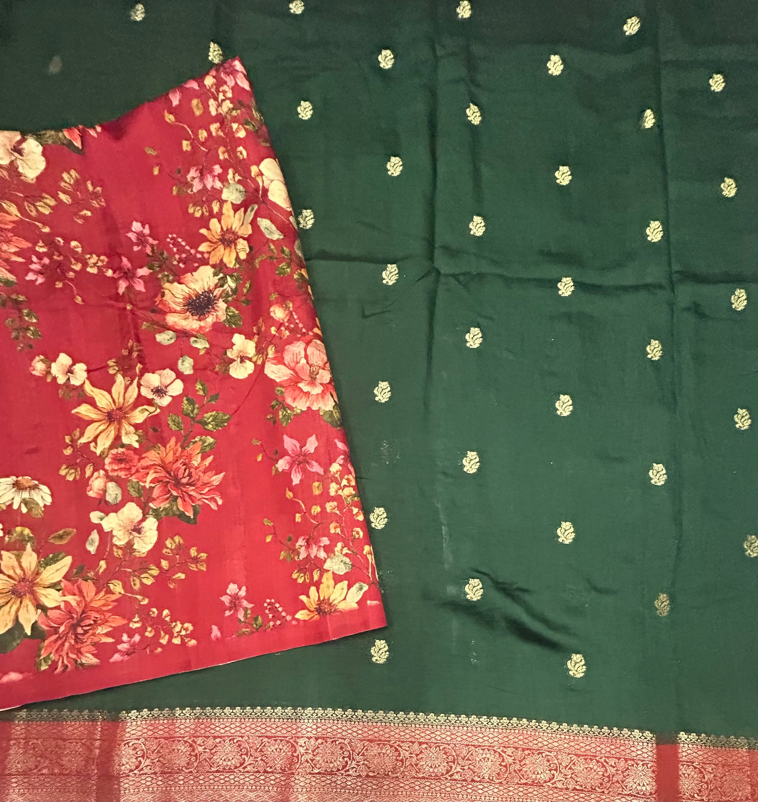 Bottle green n red small border soft Tussar crepe saree