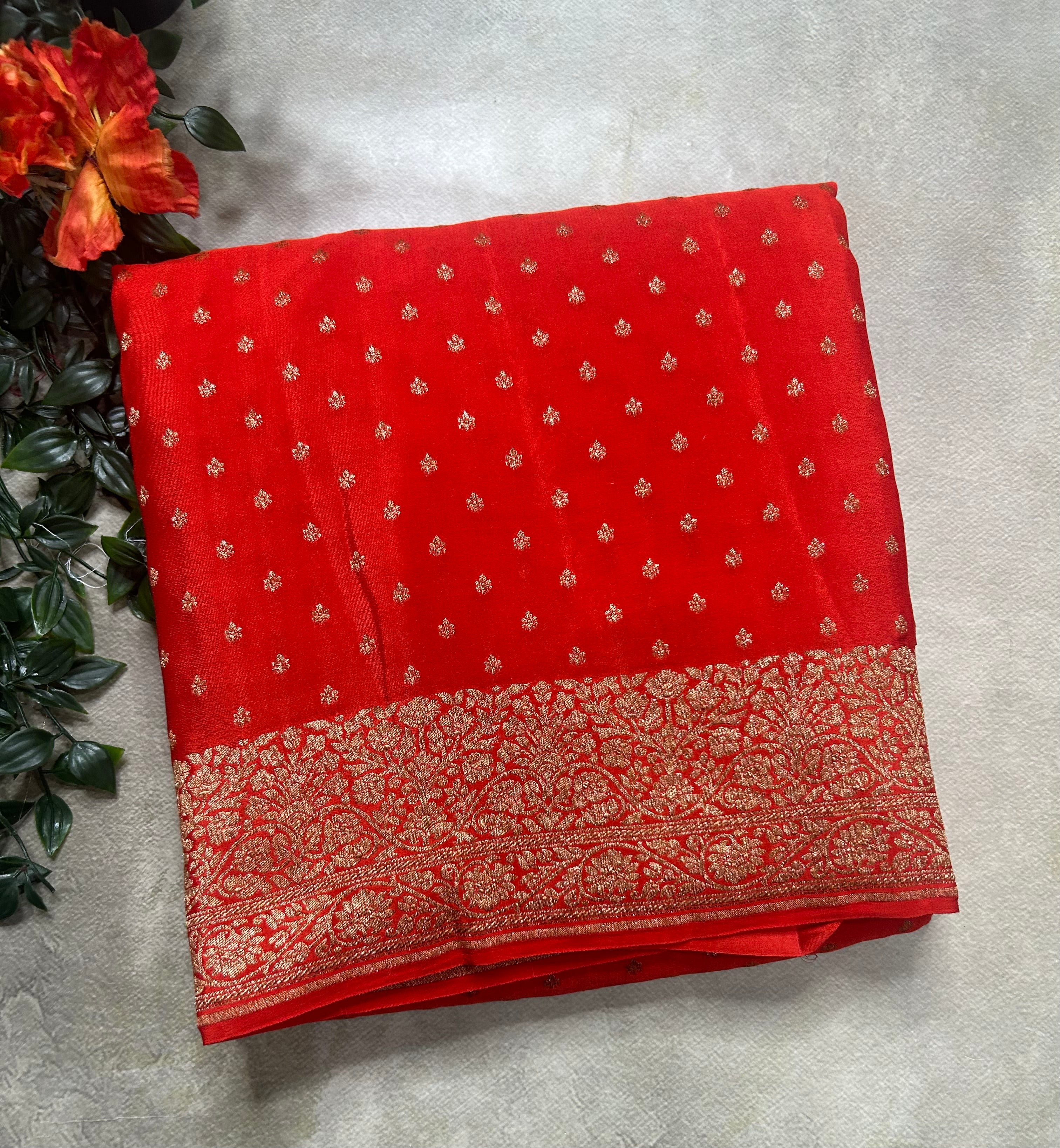 Orange small Butta pure Benarasi crepe 106 saree