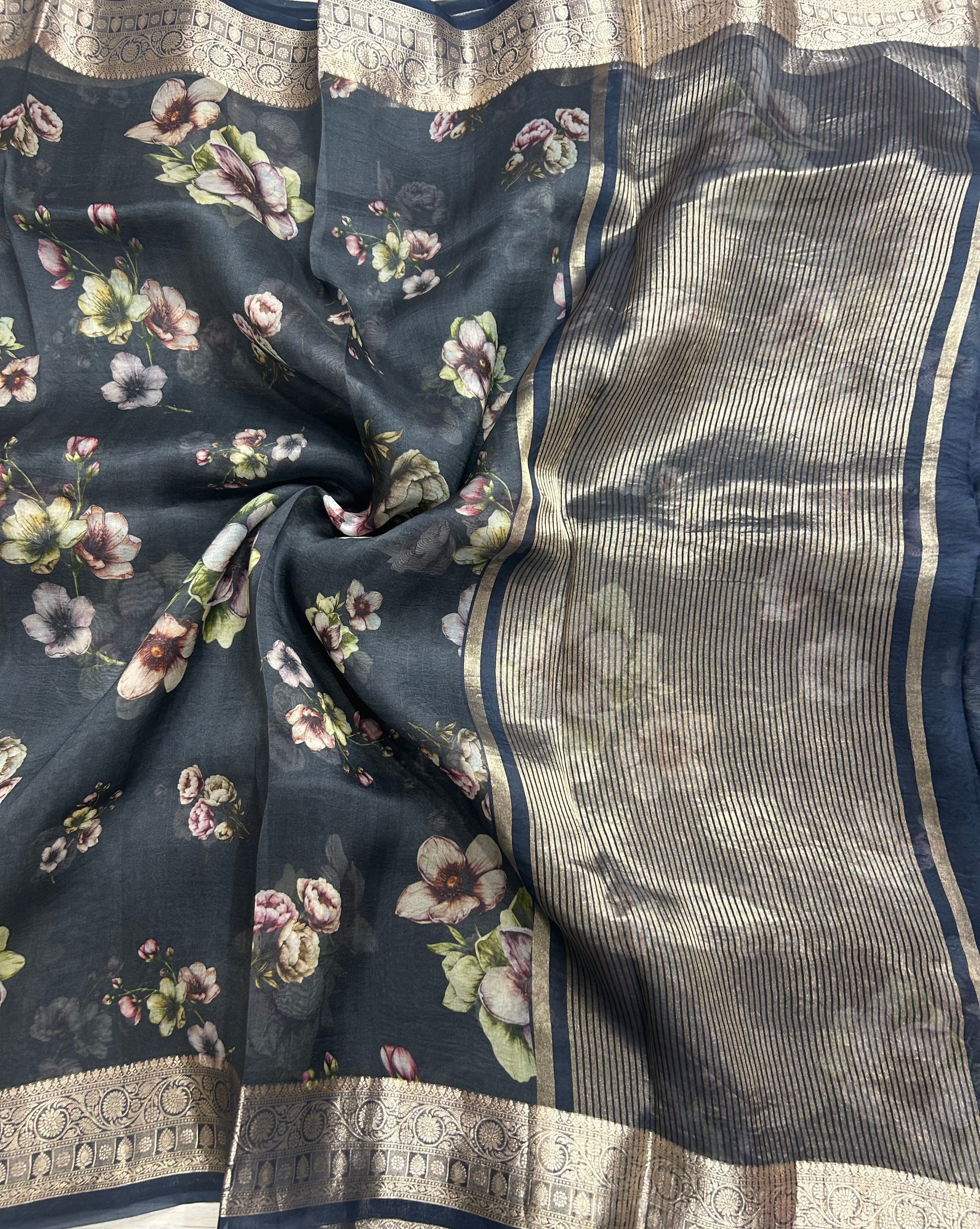 Black printed pure kora organza 105 saree