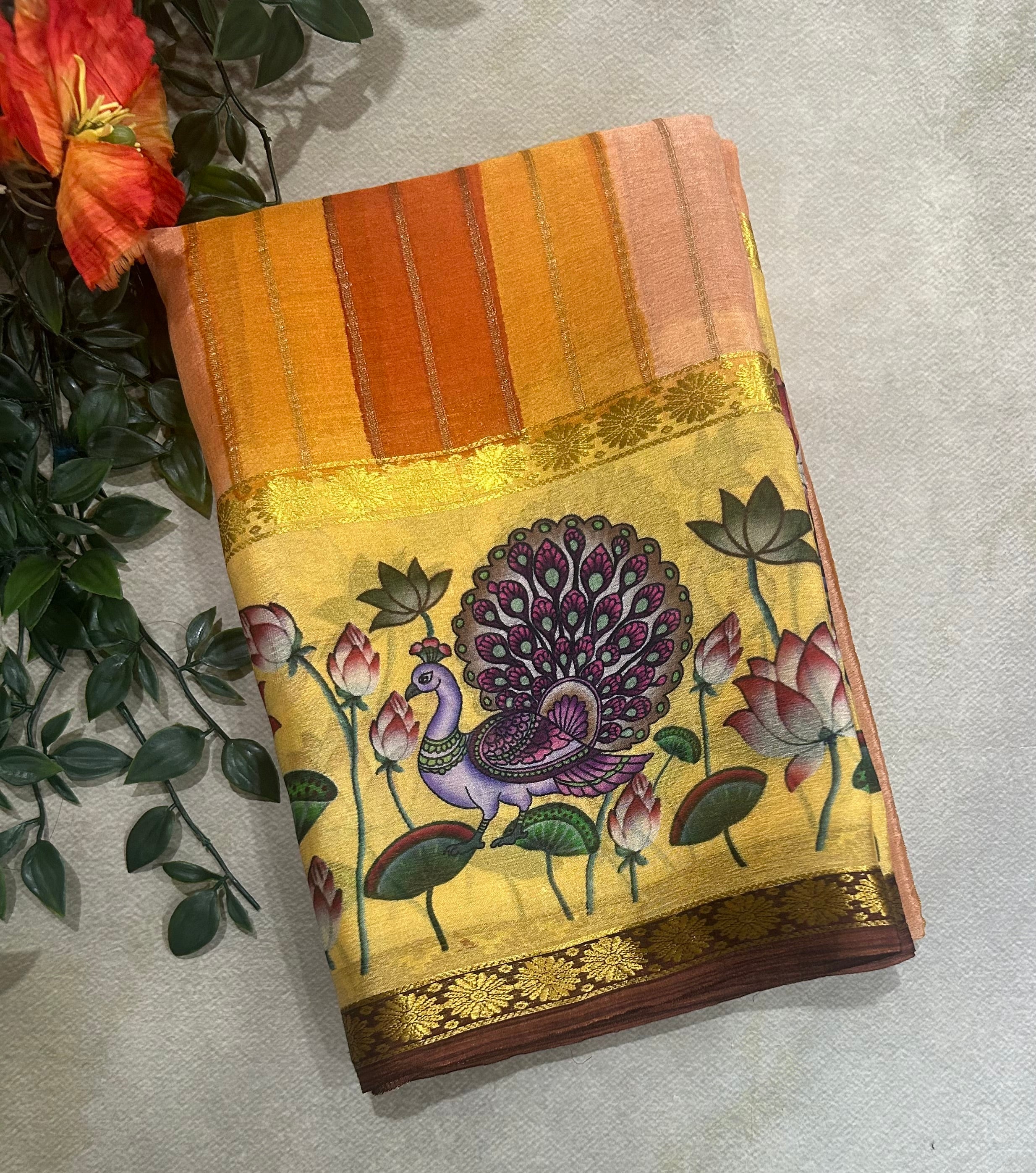 Rankart kalamkari border pure wrinkle 103 crepe silk saree