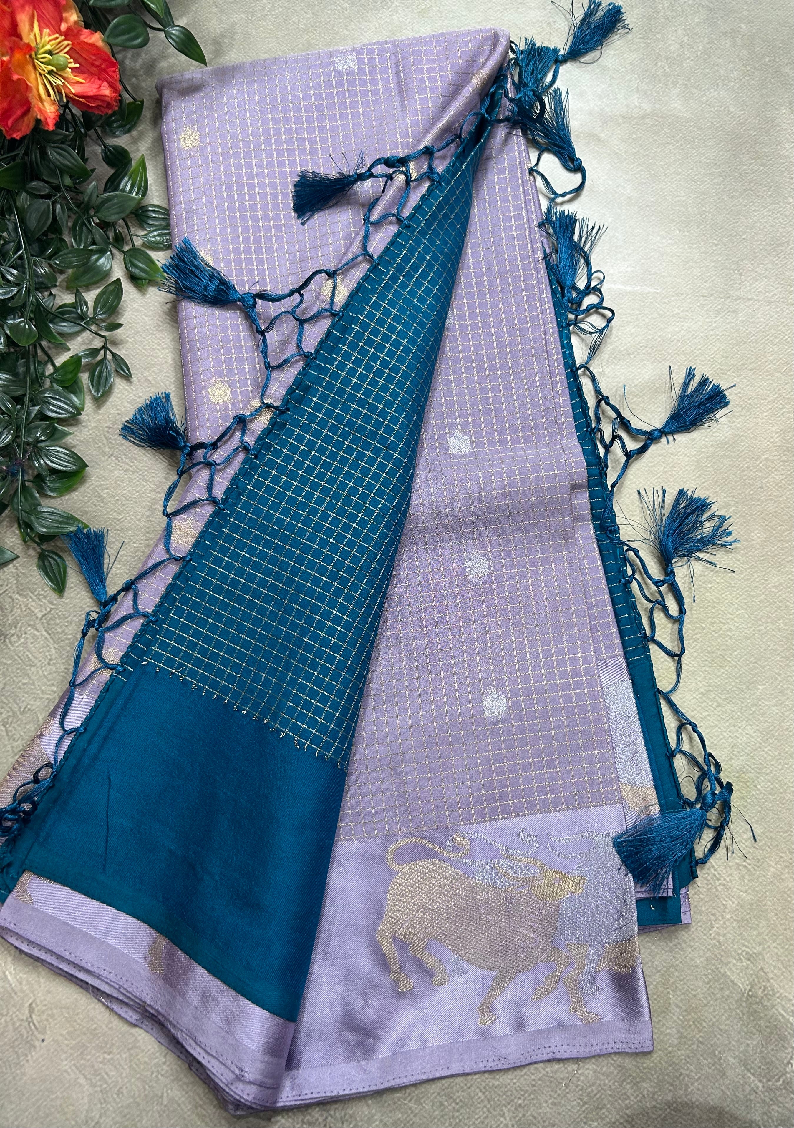 Pastel purple small checks semi Mysore crepe 106 saree
