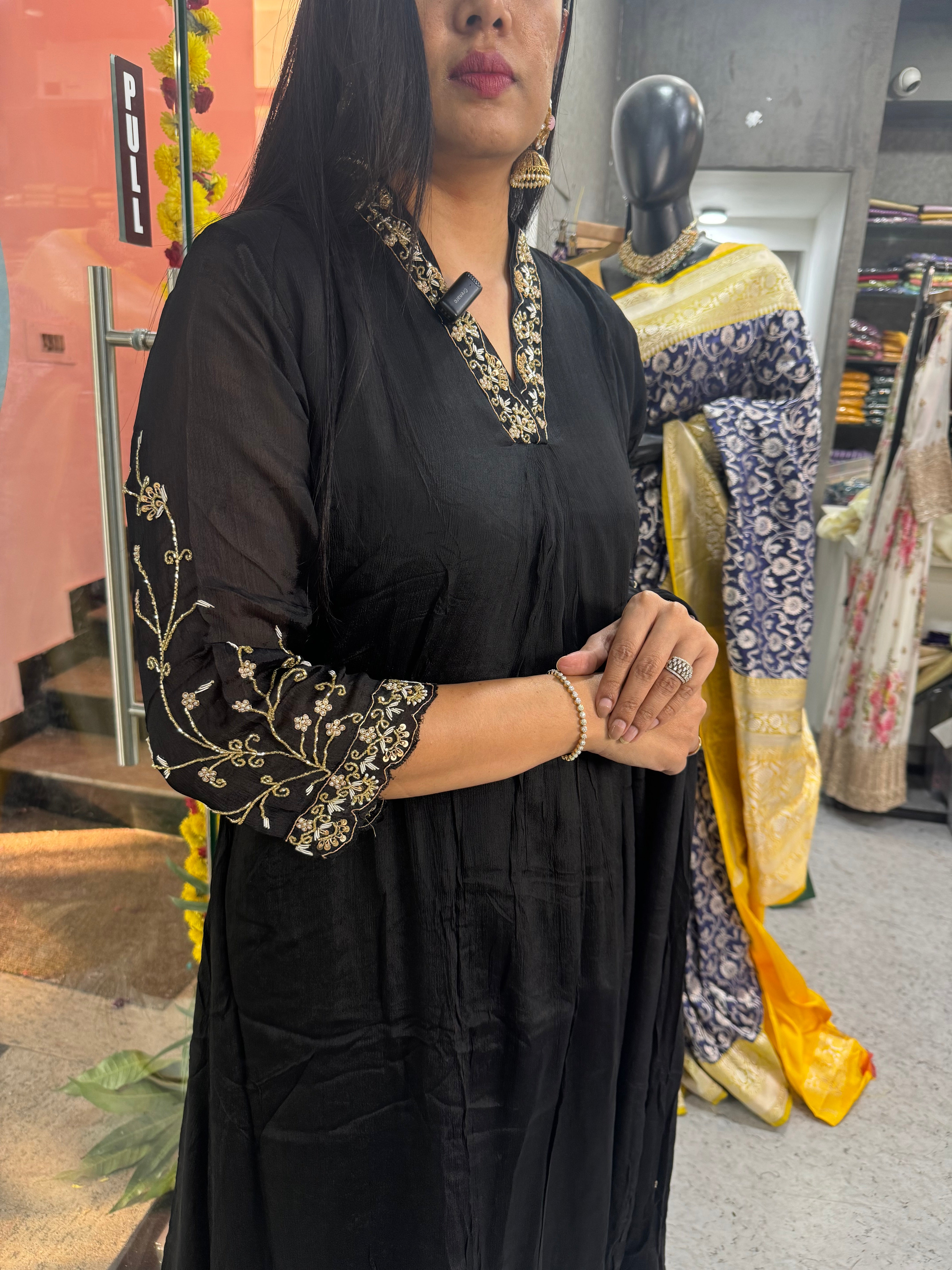 Black chinnon 11 Airline  handwork Kurtha