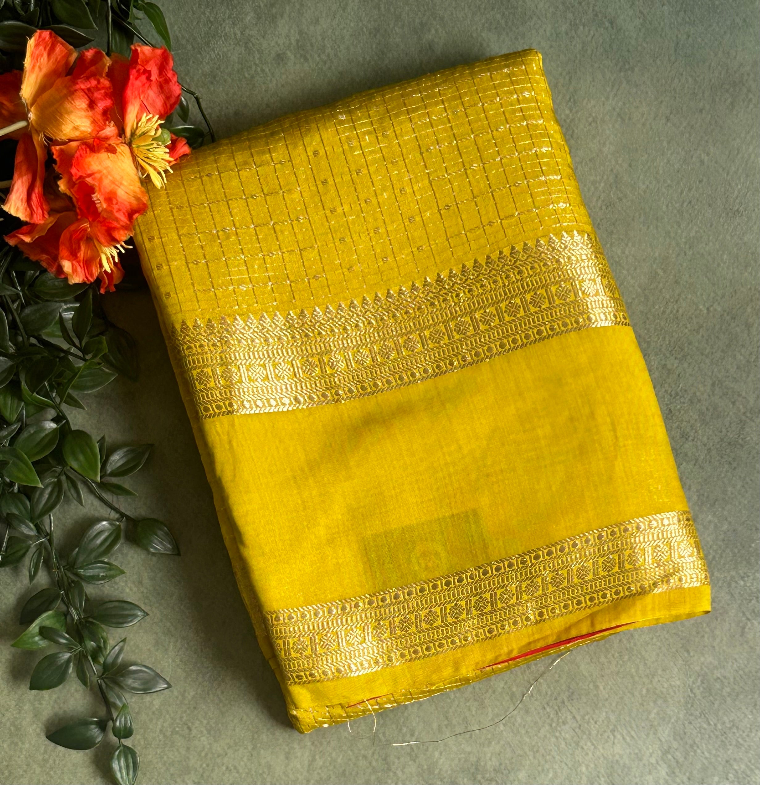Neon yellow small checks soft Tussar 03 crepe saree