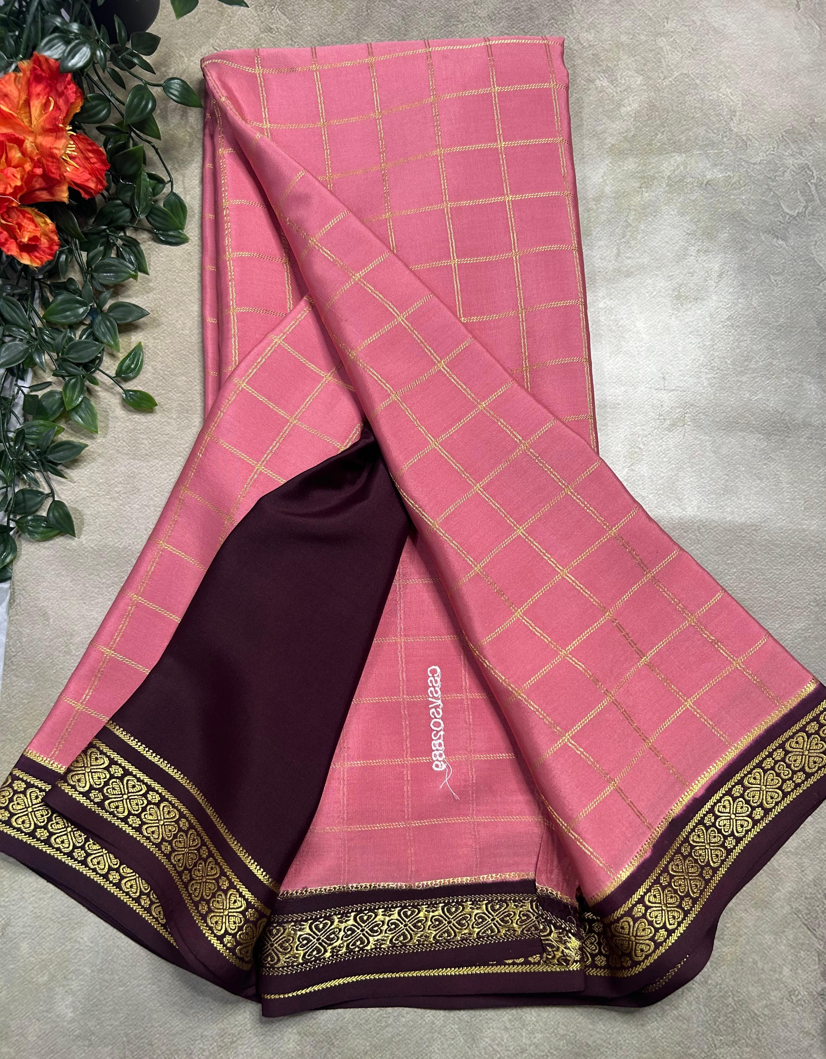 Pastel pink checks pure css zari Mysore silk 105 saree