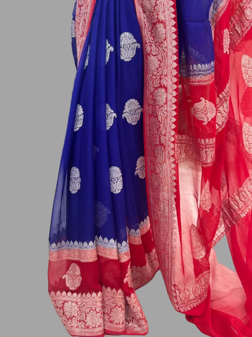Blue n red benarasi double border pure chiffon saree