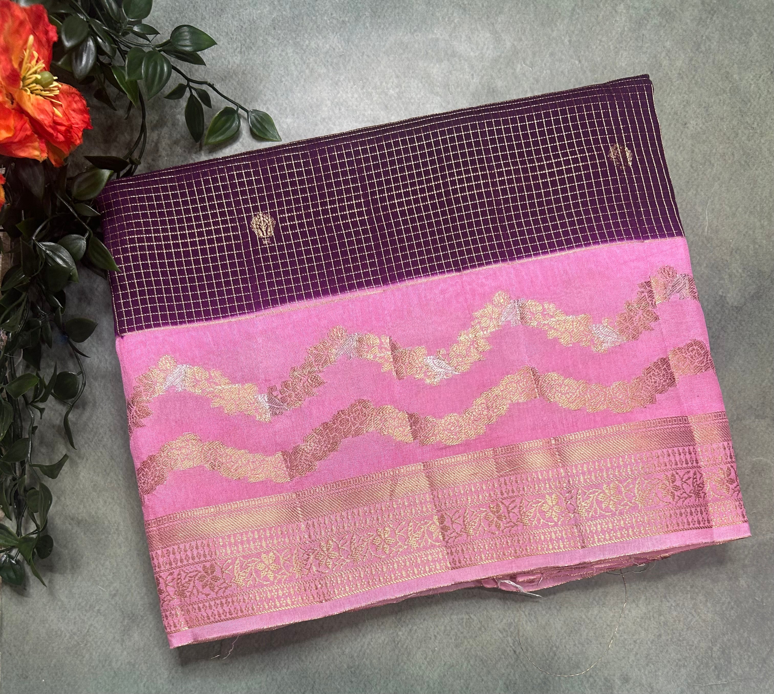 Purple small checks semi Mysore 105 saree